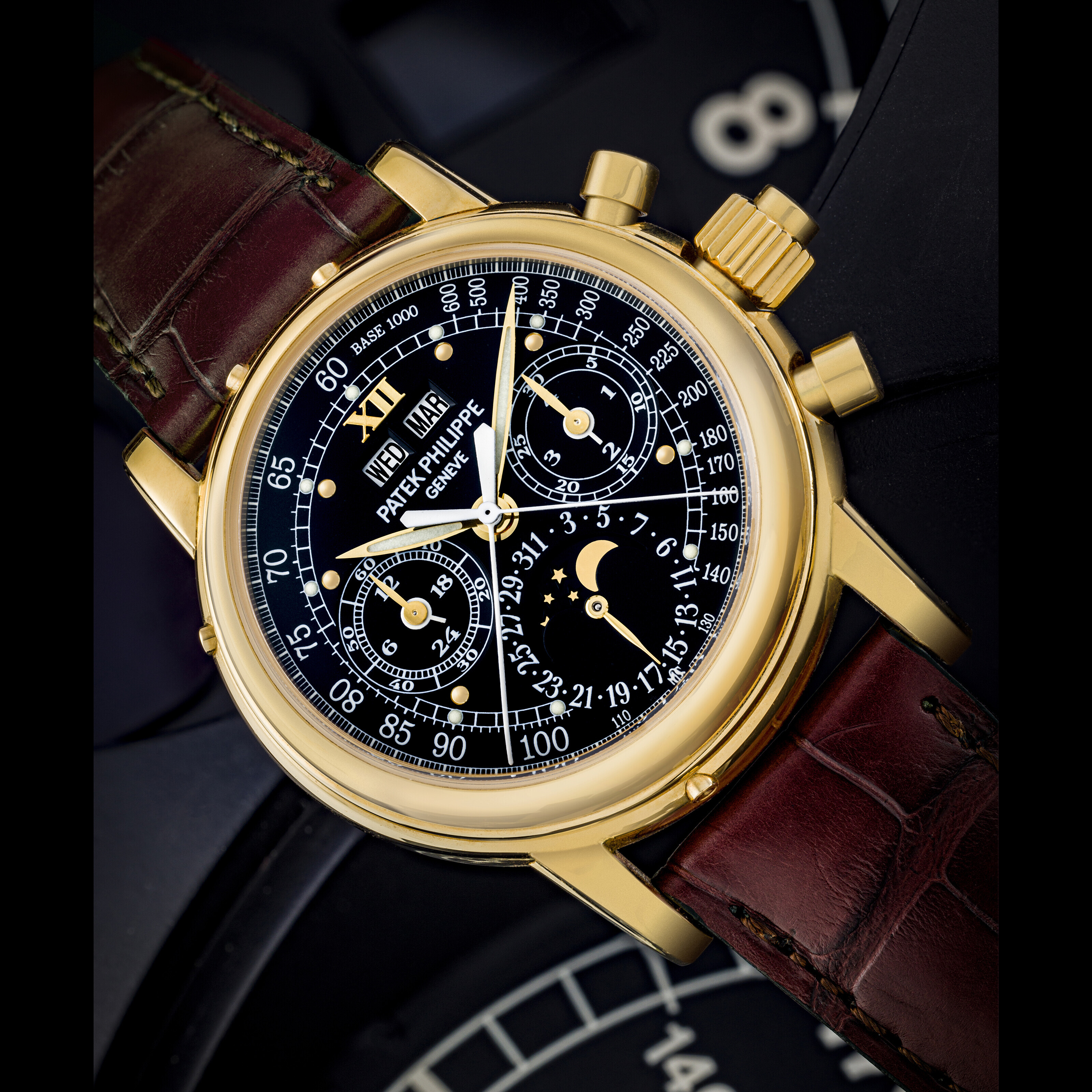 PATEK PHILIPPE. AN EXTREMELY RARE AND MAGNIFICENT PLATINUM AND BAGUETTE CUT DIAMOND SET AUTOMATIC CATHEDRAL MINUTE REPEATING PERPETUAL CALENDAR WRISTWATCH WITH MOON PHASES 24 HOUR AND LEAP YEAR INDIC...