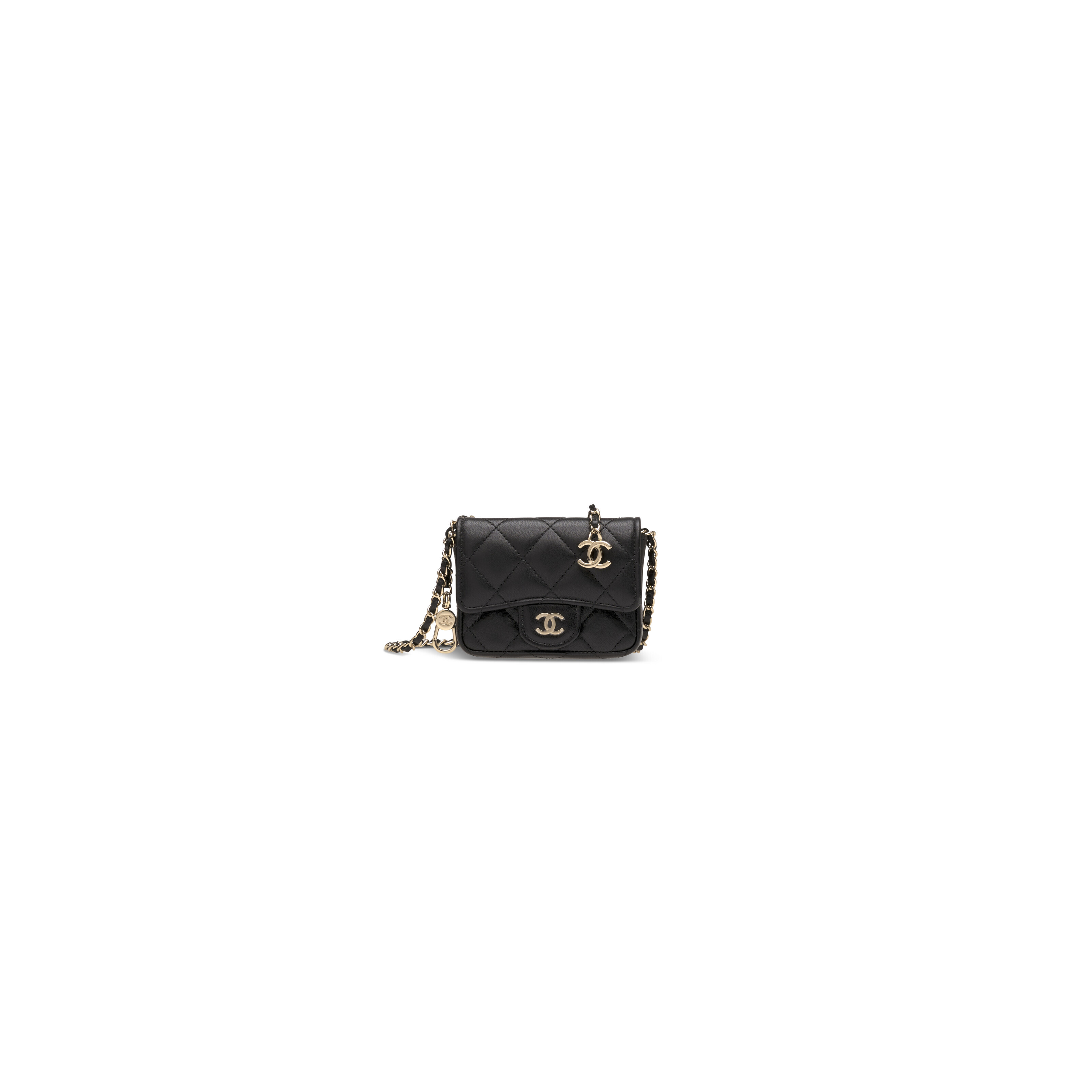 A BLACK QUILTED LAMBSKIN LEATHER COIN PURSE ON CHAIN WITH GOLD HARDWARE