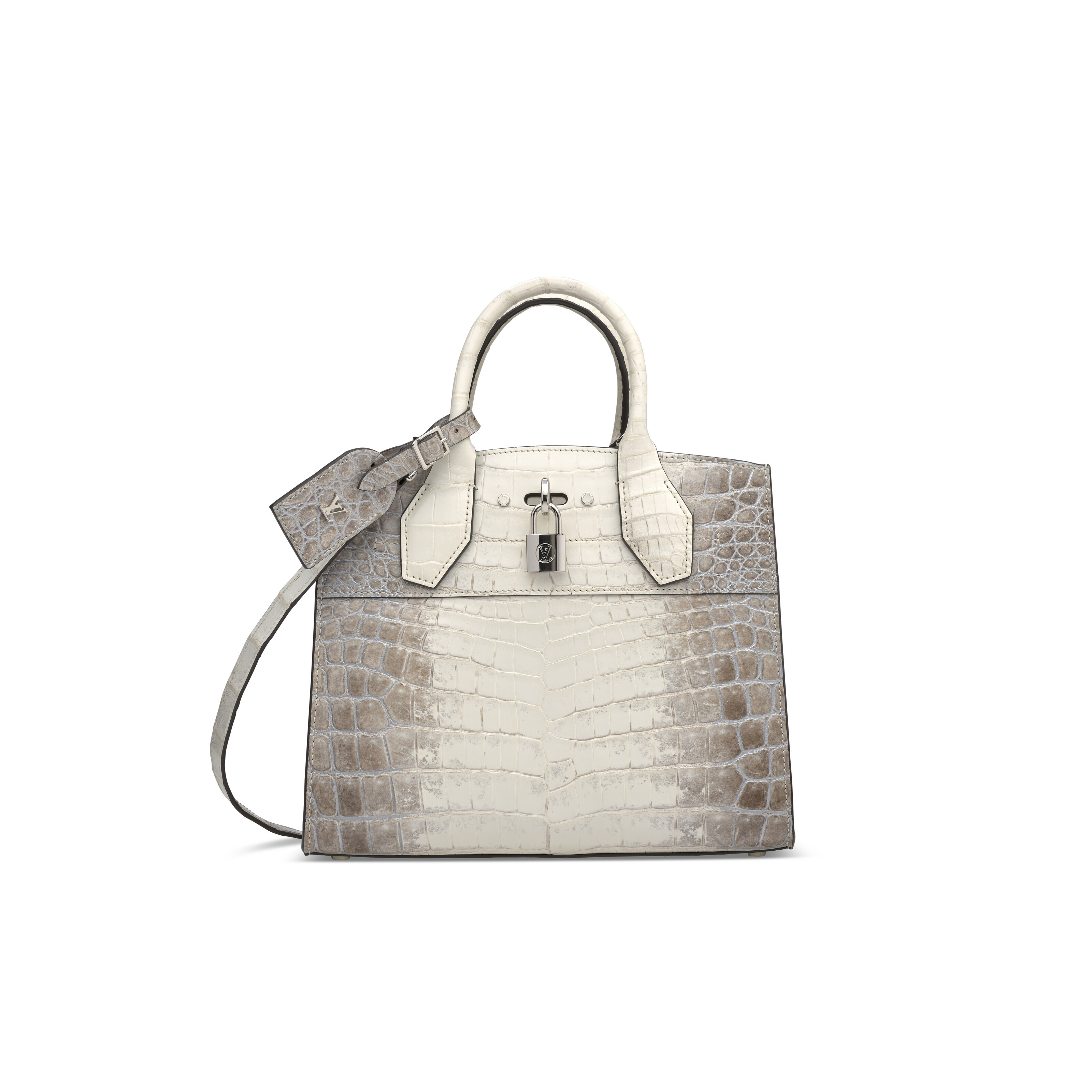 A MATTE WHITE HIMALAYA CROCODILE CITY STEAMER PM WITH SILVER HARDWARE