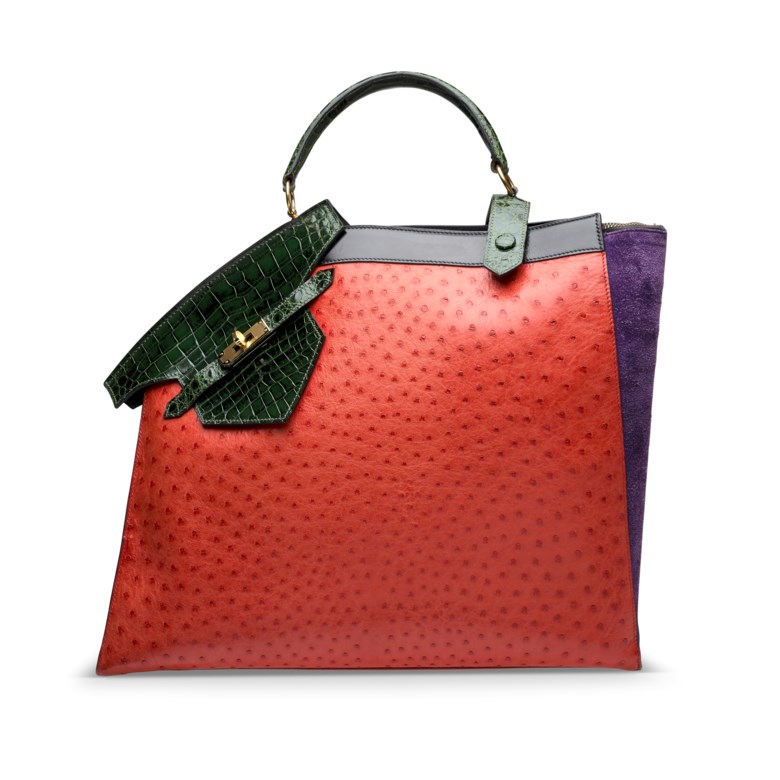 A rare, shiny vert émeraude crocodile, rouge vif ostrich & violet veau doblis Himalaya Symbiose 43 with gold hardware, Hermès, 1988. Estimate HK$80,000-120,000. Offered in Handbags Online The Power of Colour from 1-14 September 2022 at Christie’s in Hong Kong