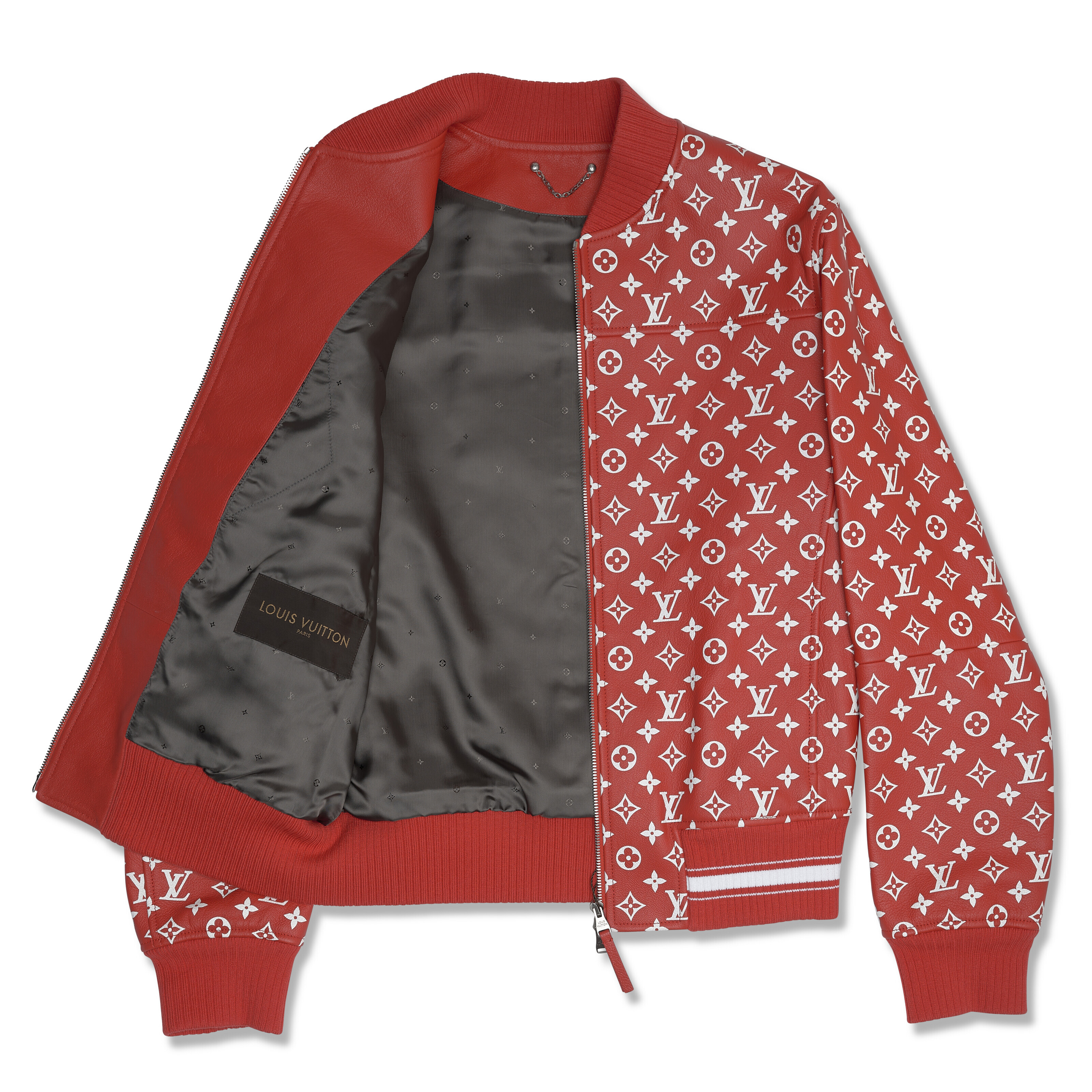 A LIMITED EDITION RED WHITE MONOGRAM LEATHER BOMBER JACKET BY SUPREME LOUIS VUITTON 2017 Christie s