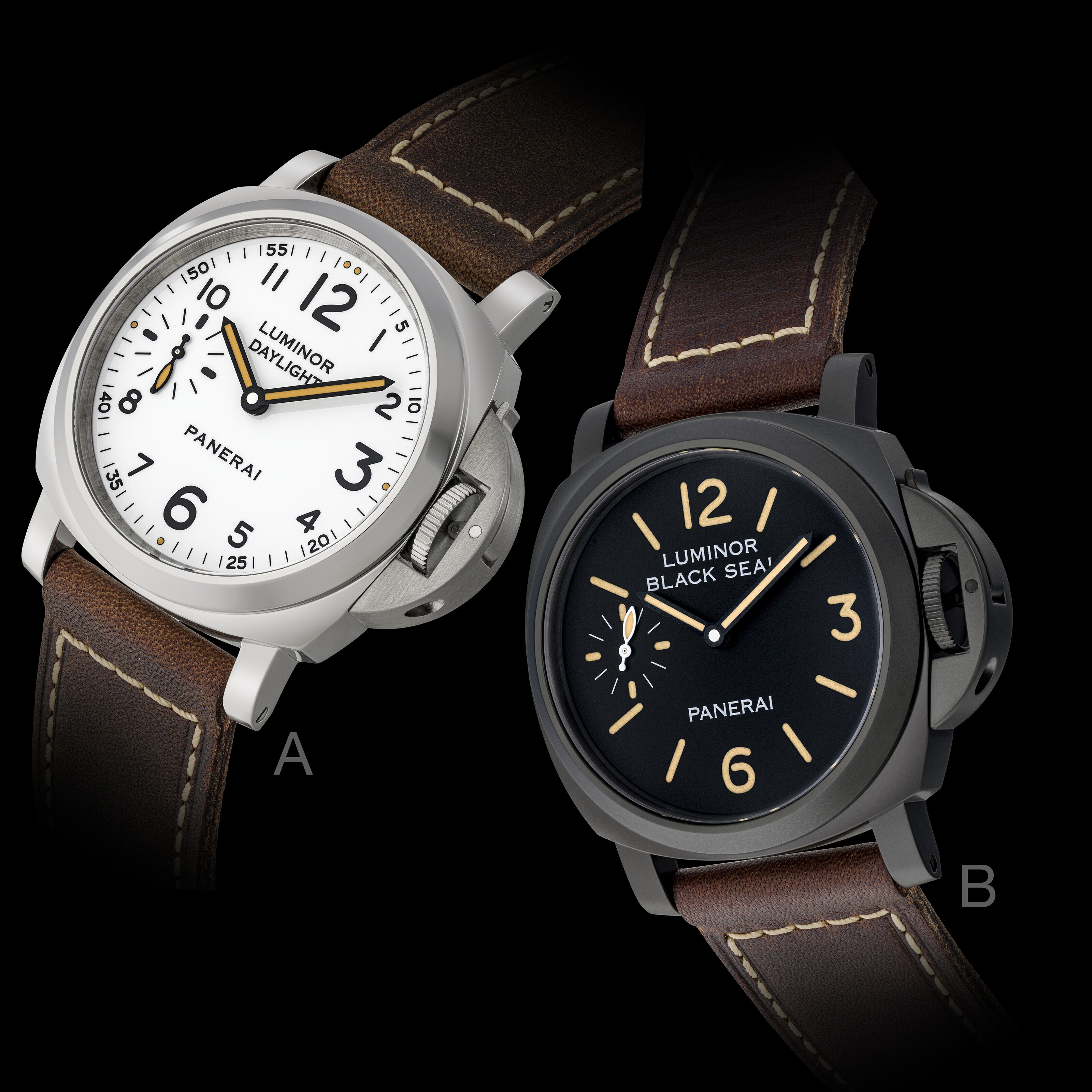 PANERAI PAM00785 A SET OF TWO STAINLESS STEEL LUMINOR 8 DAYS LUMINOR 8 DAYS BLACK SEAL REF. PAM00594 AND LUMINOR 8 DAYS DAYLIGHT REF. PAM00602 In unworn condition certificate and box Christie s