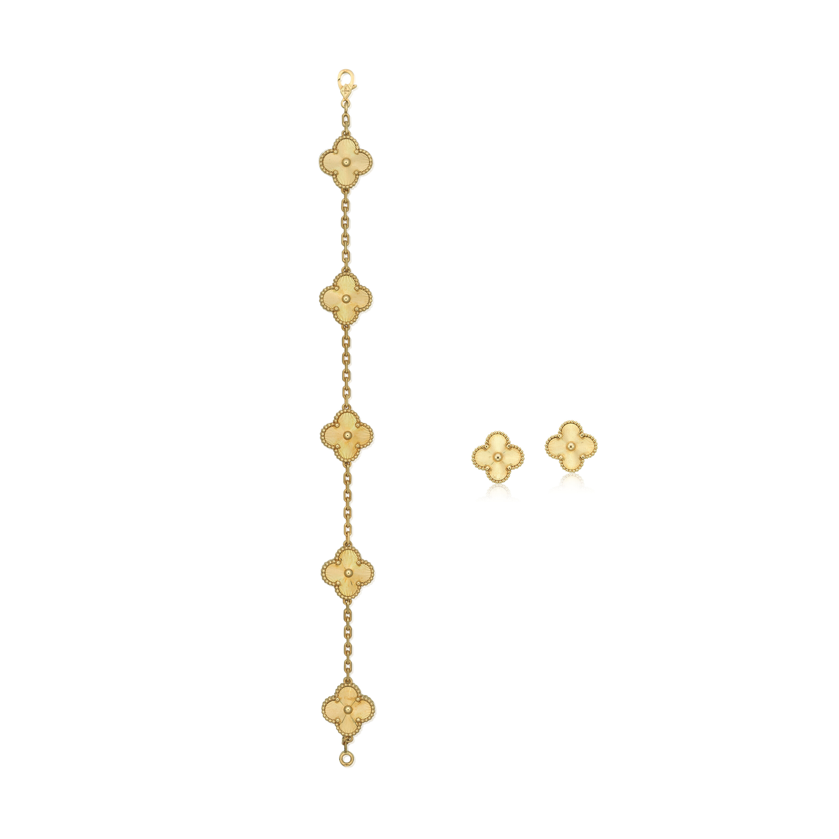 VAN CLEEF ARPELS 'VINTAGE ALHAMBRA' GOLD BRACELET AND EARRINGS