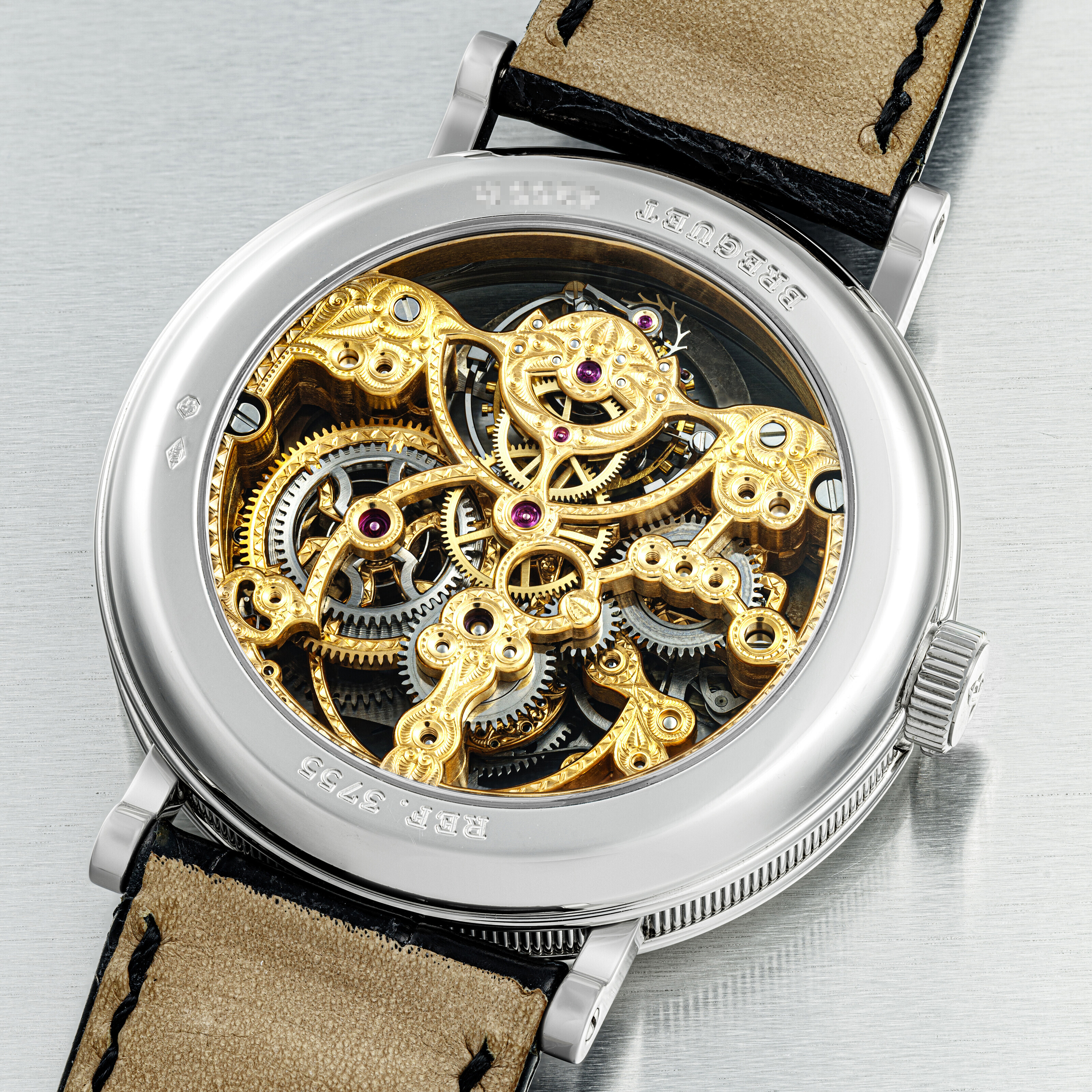 BREGUET. A RARE PLATINUM SEMI SKELETONISED PERPETUAL CALENDAR TOURBILLON WRISTWATCH WITH RETROGRADE DATE AND LEAP YEAR INDICATION REF. 3755 CIRCA 2005 Christie s