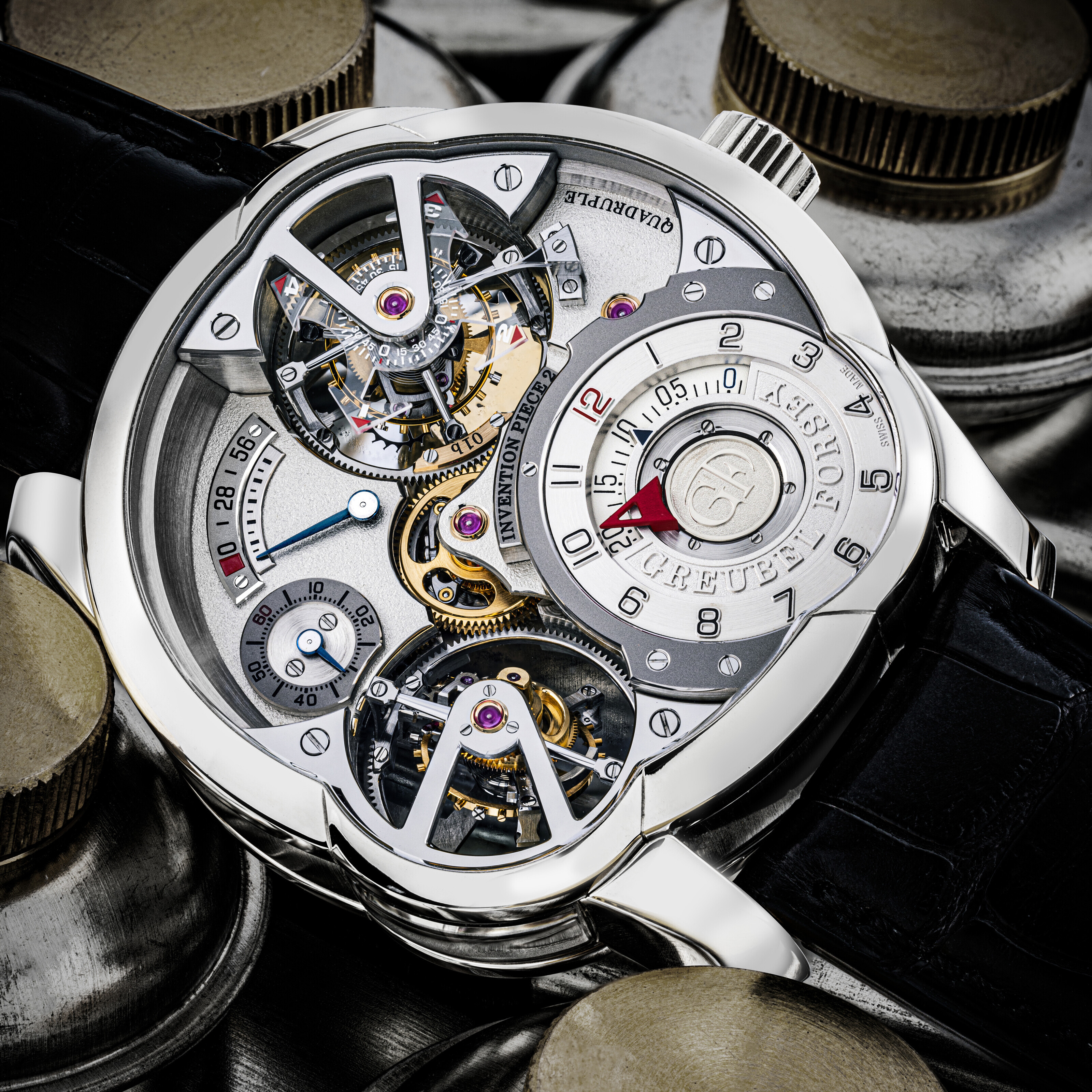 Greubel Forsey. An extremely rare and magnificent platinum limited-edition asymmetrical wristwatch with differential quadruple tourbillon and power reserve. Invention piece 2 model, No. 1/11. Estimate: HK$2,200,000-4,400,000. Offered in The Champion Collection Part III: The Artistry of Complications on 24 May at Christie&rsquo;s in Hong Kong
