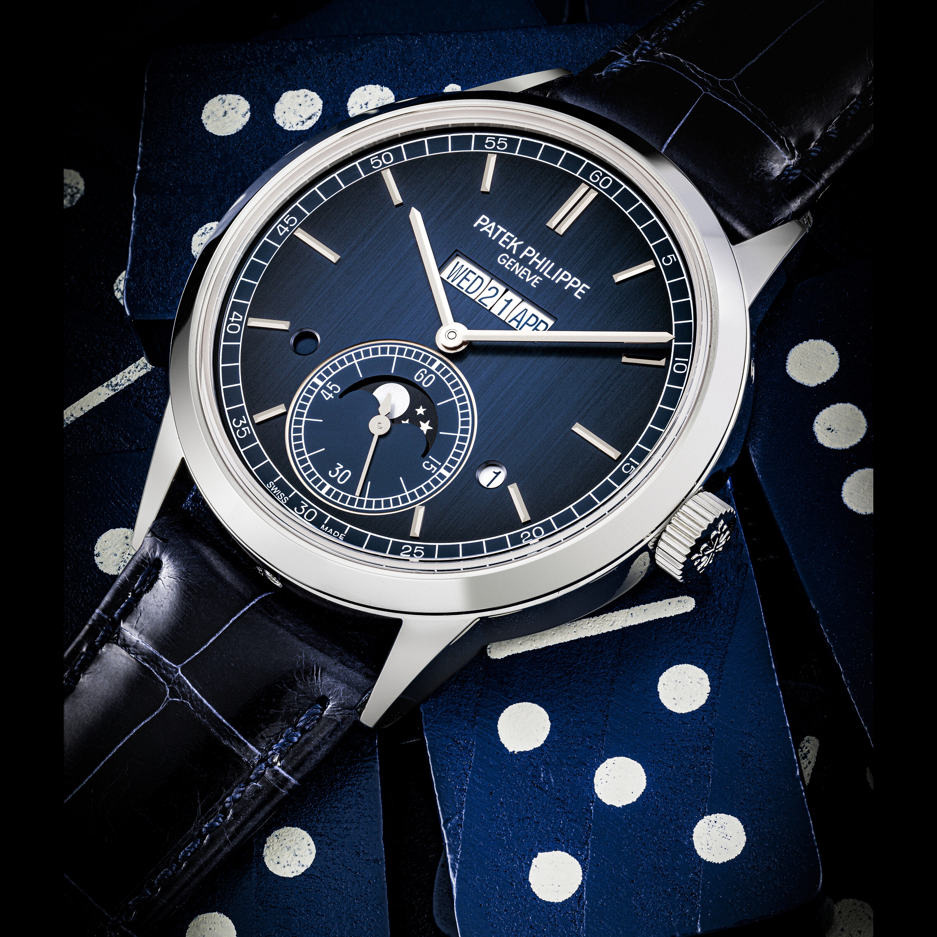 Patek Philippe. A platinum automatic perpetual calendar wristwatch with leap-year and day/night indication, moon phases and in-line display calendar. Ref. 5236P, circa 2021. Estimate: HK$800,000-1,600,000. Offered in The Champion Collection Part III: The Artistry of Complications on 24 May at Christie&rsquo;s in Hong Kong