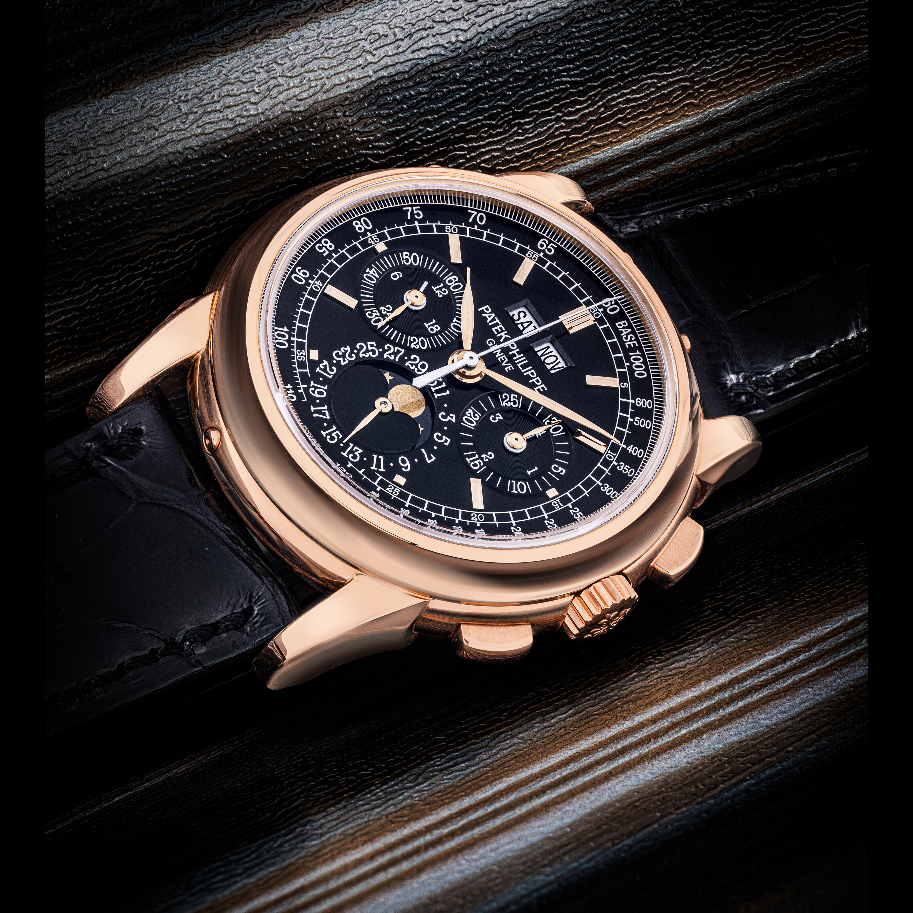 Patek Philippe. A possibly unique and only known 18k pink-gold perpetual calendar chronograph wristwatch with moon phases, 24-hour and leap-year indication with black dial. Ref. 5970R-019, circa 2016. Estimate: HK$1,400,000-2,800,000. Offered in The Champion Collection Part III: The Artistry of Complications on 24 May at Christie&rsquo;s in Hong Kong