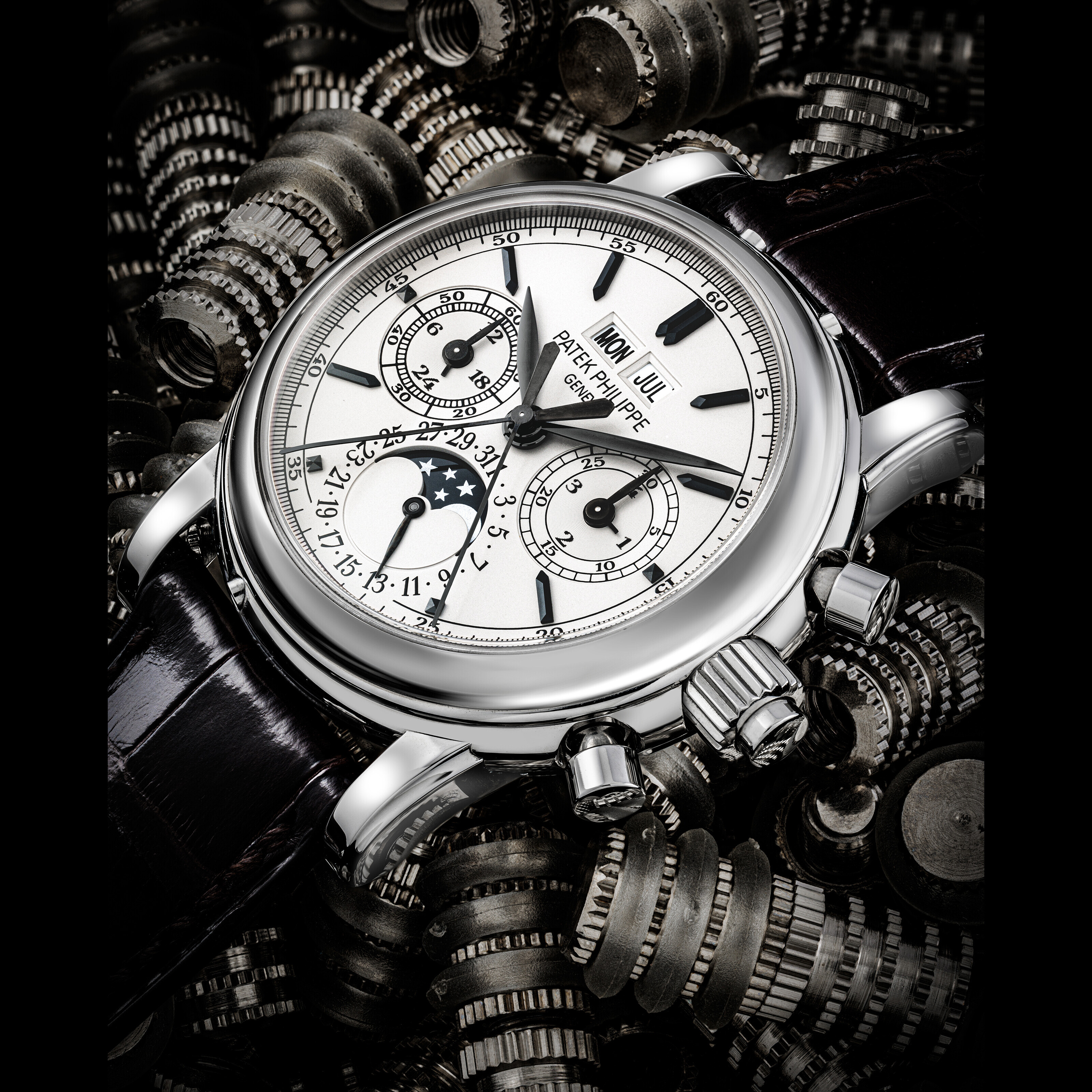 Patek Philippe. An extremely rare and important stainless-steel perpetual calendar split-seconds chronograph wristwatch with moon phases, 24-hour and leap-year indication. Ref. 5004A, circa 2012. HK$4,000,000-8,000,000. Offered in The Champion Collection Part III: The Artistry of Complications on 24 May at Christie&rsquo;s in Hong Kong