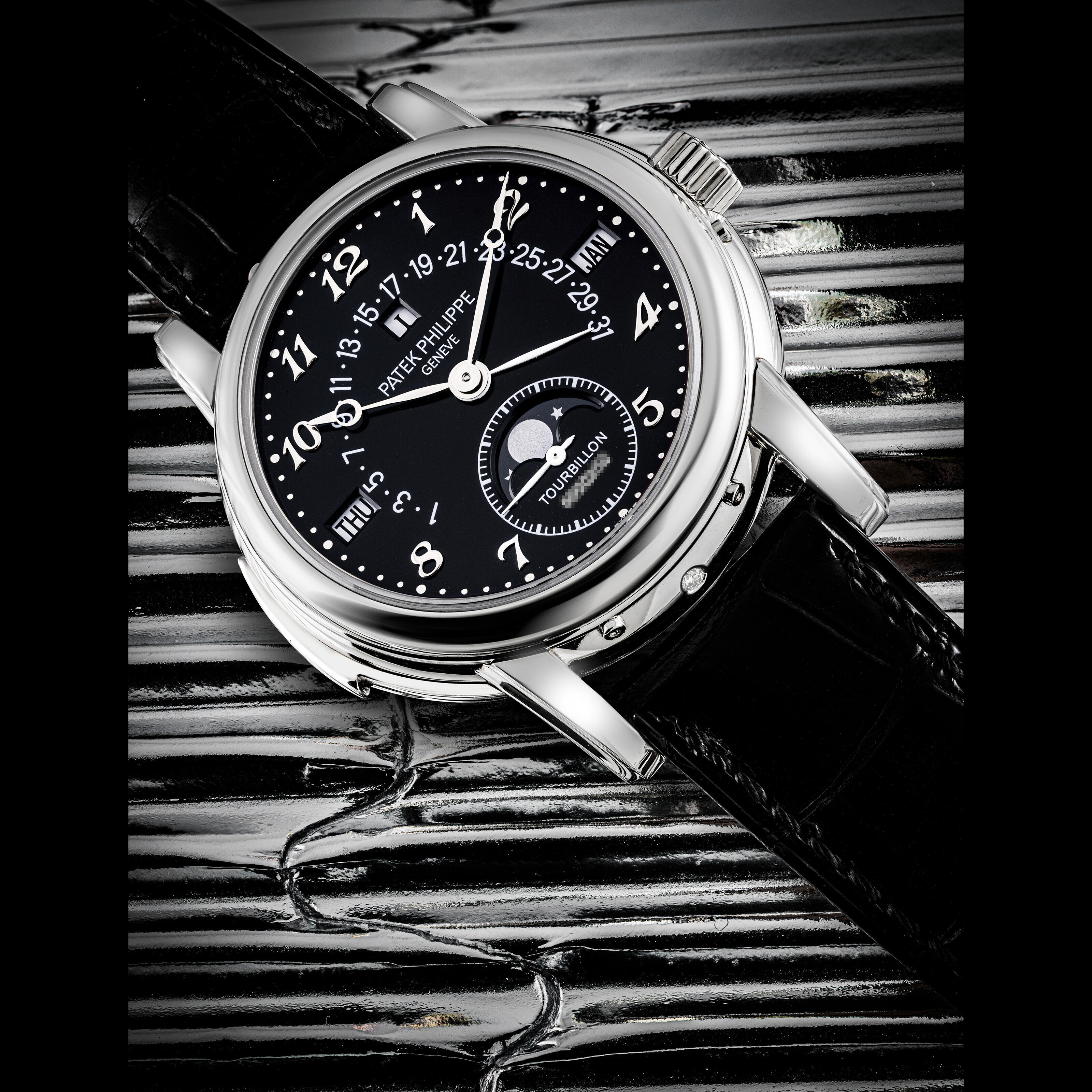 Patek Philippe. An extremely rare and important platinum minute-repeating perpetual calendar wristwatch with tourbillon, retrograde date, moon phases, leap-year indication and black dial with Breguet numerals. Ref. 5016P-018, circa 2011. Estimate: HK$3,000,000-6,000,000. Offered in The Champion Collection Part III: The Artistry of Complications on 24 May at Christie&rsquo;s in Hong Kong