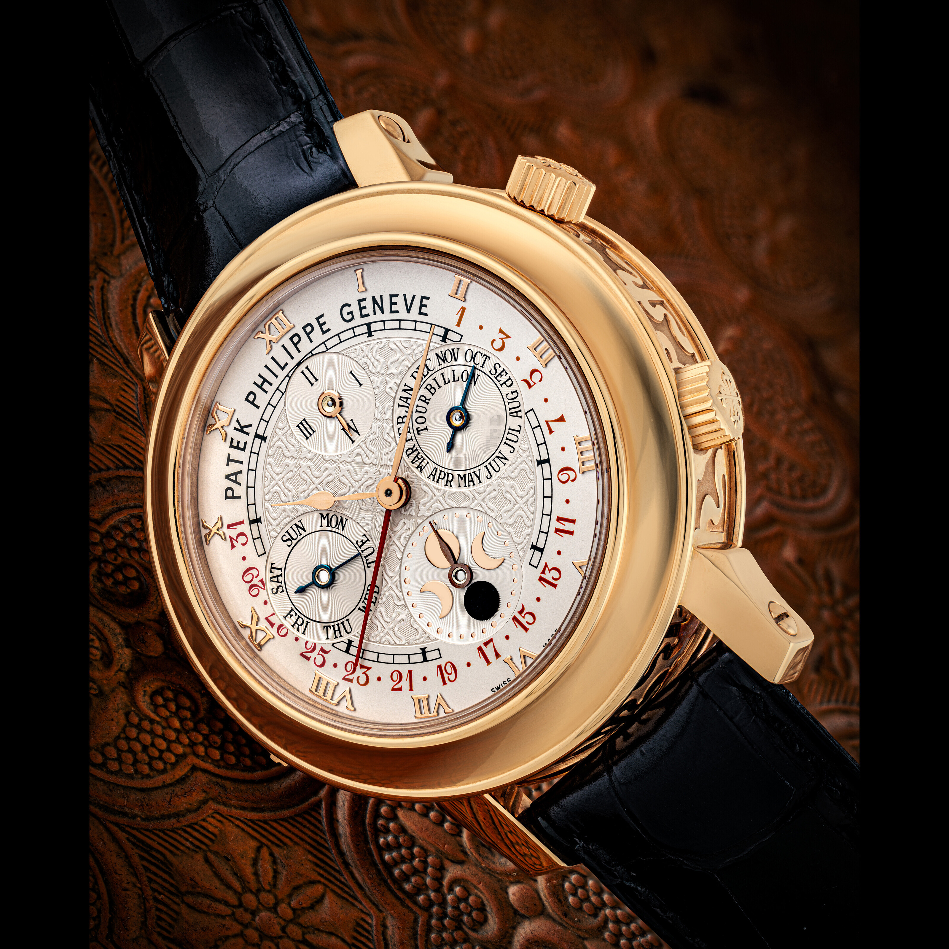 Patek Philippe. A magnificent, extremely rare and highly complicated 18k pink-gold double-dial wristwatch with 12 complications including &lsquo;Cathedral&rsquo; minute repeating, tourbillon, perpetual calendar with retrograde date, moon age and angular motion, sidereal time and sky chart. Sky Moon Tourbillon model, Ref. 5002R, circa 2010. Estimate: HK$10,000,000-20,000,000. Offered in The Champion Collection Part III: The Artistry of Complications on 24 May at Christie&rsquo;s in Hong Kong