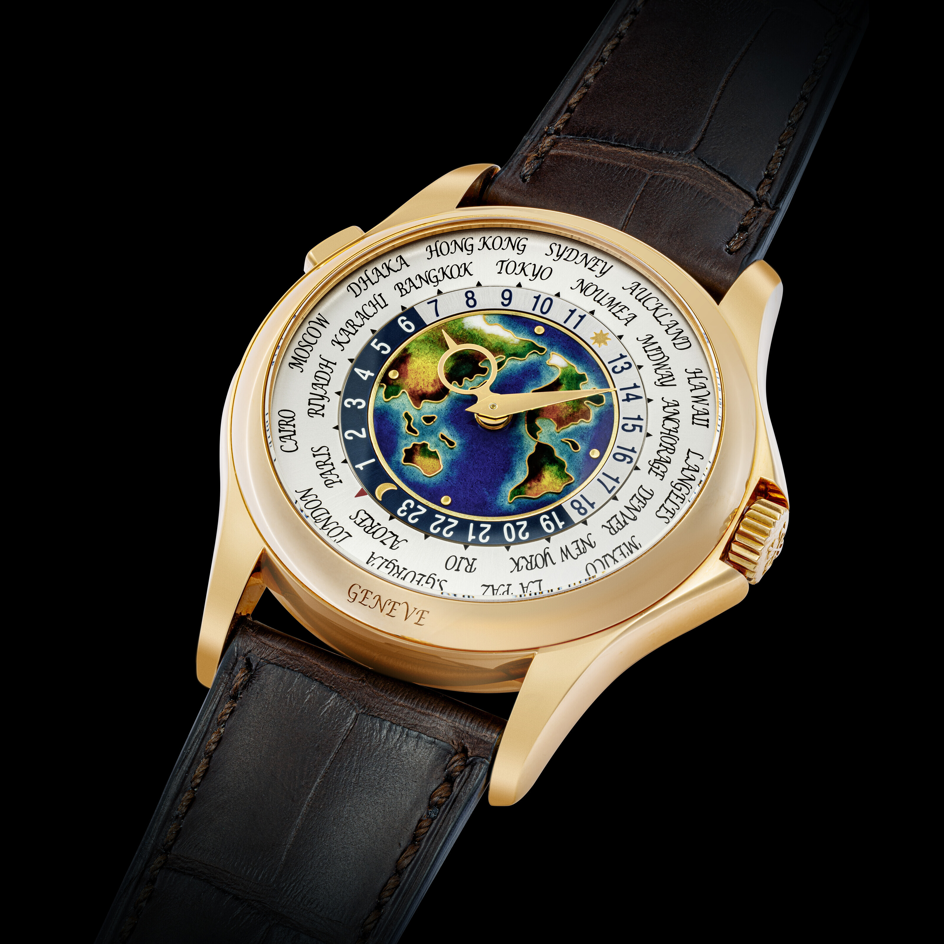 PATEK PHILIPPE. A RARE AND GORGEOUS 18K PINK GOLD AUTOMATIC WORLD