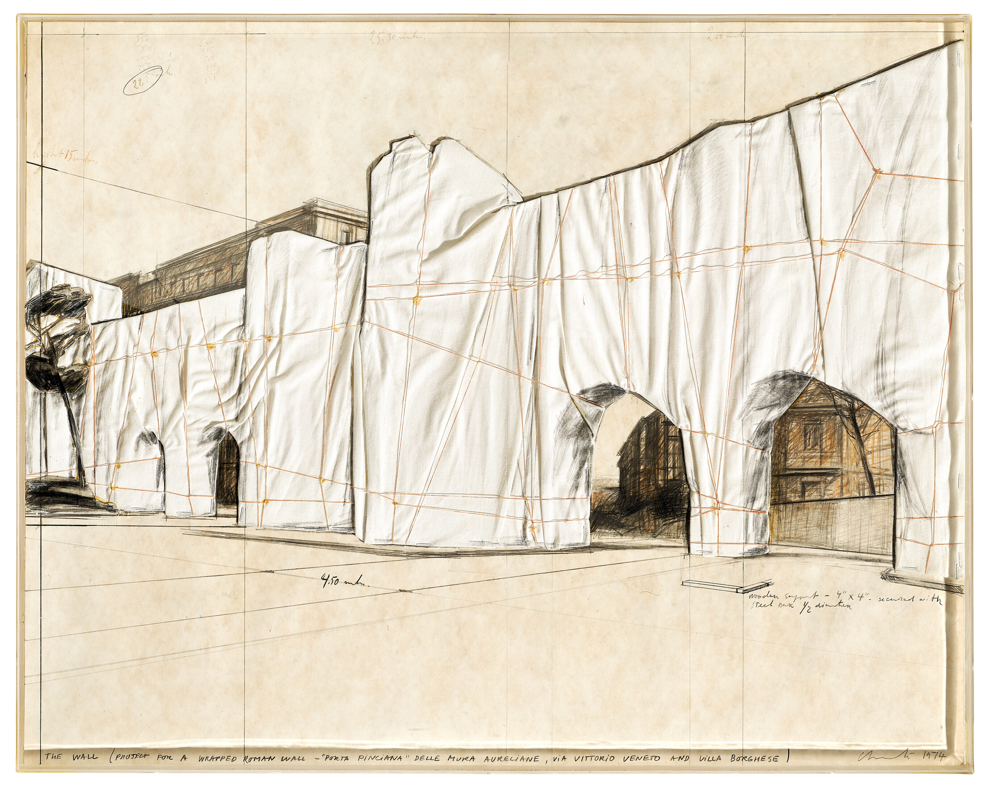 Christo (1935-2020),&nbsp;The Wall (Project for a Wrapped Roman Wall &mdash; &lsquo;Porta Pinciana&rsquo; delle Mura Aureliane, Via Vittorio Veneto and Villa Borghese), 1974. Pencil, charcoal, fabric, paper collage, thread and staples on cardboard, under Plexiglas. 56.4 x 71.6 cm. Sold for &euro;81,900 on&nbsp;8 June 2022 at Christie&rsquo;s Online