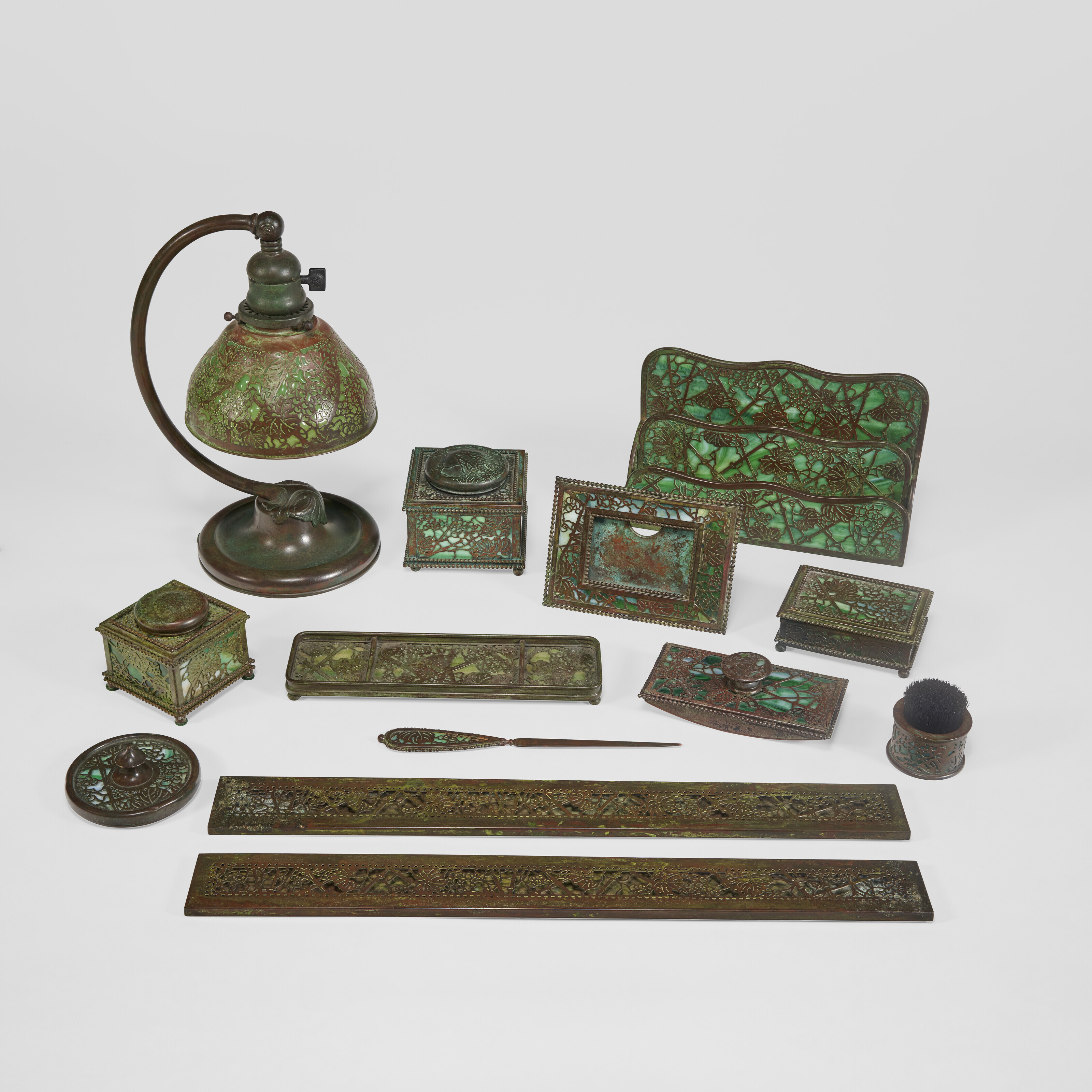 TIFFANY STUDIOS Thirteen Piece Grapevine Desk Set circa 1915