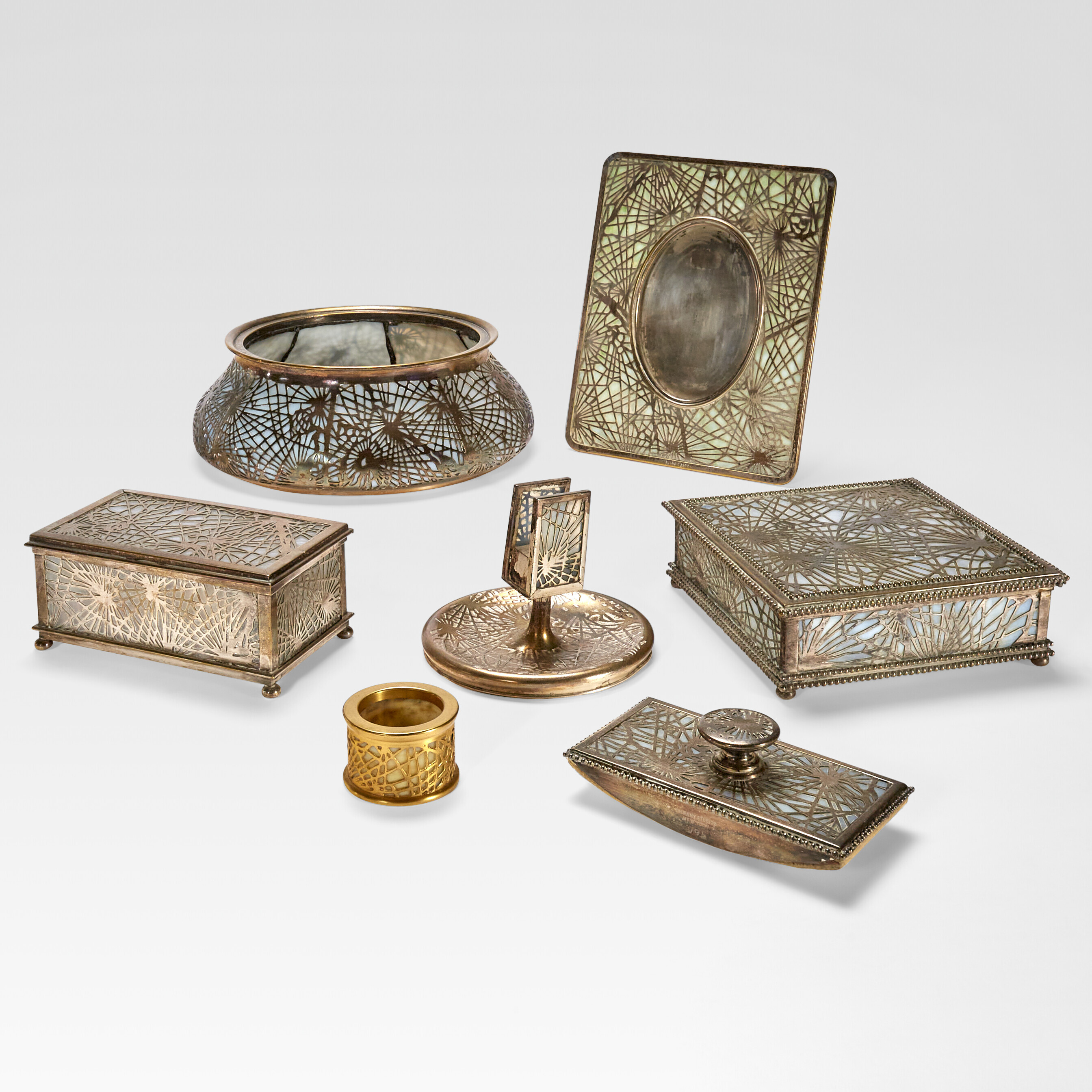 TIFFANY STUDIOS, Seven-Piece 'Pine Needle' Desk Set, circa 1915