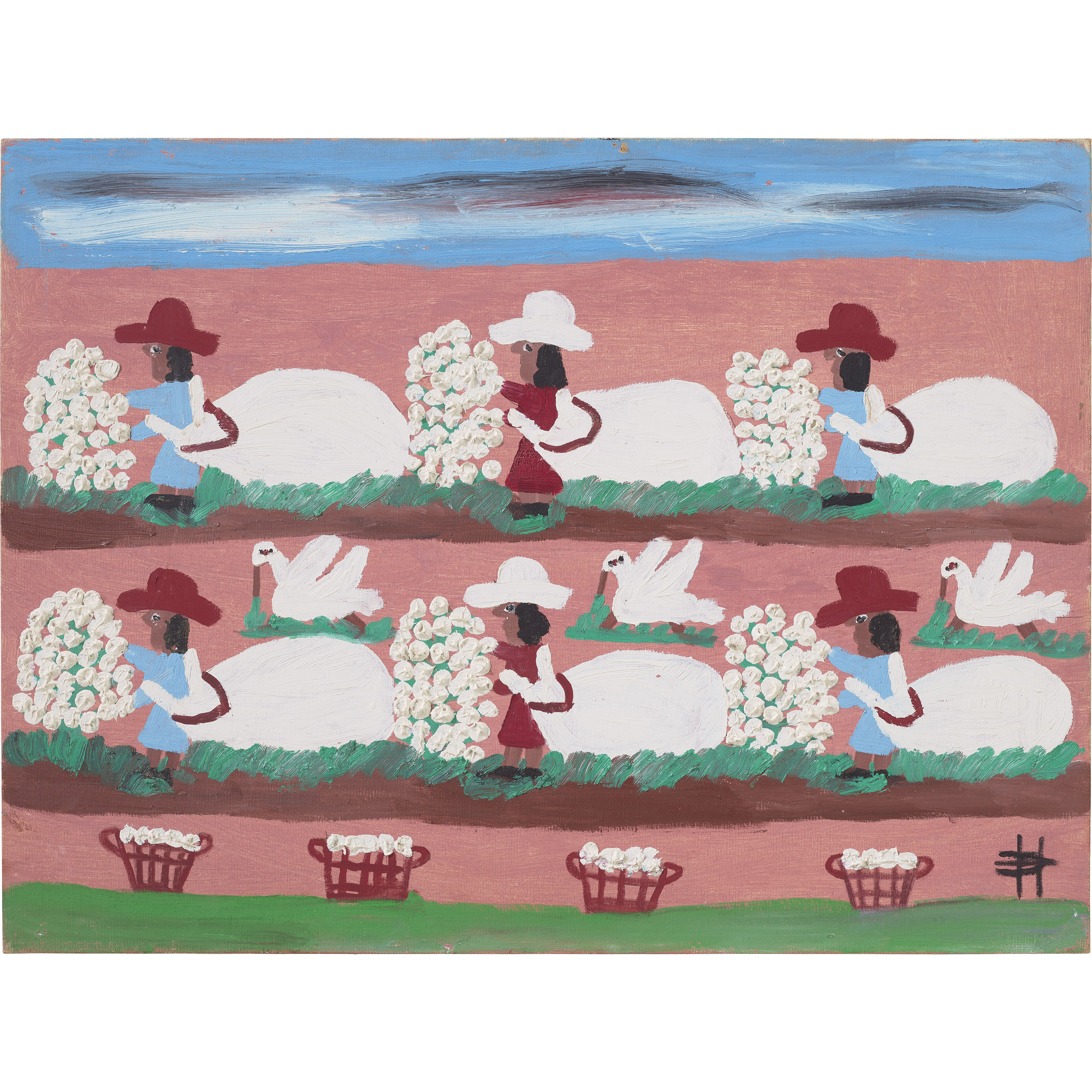 Clementine Hunter (1887-1988), Picking Cotton, 1973. 18 x 24  in. Estimate: $3,000-5,000. Offered in Outsider Art on 3 February 2022 at Christie&rsquo;s in New York