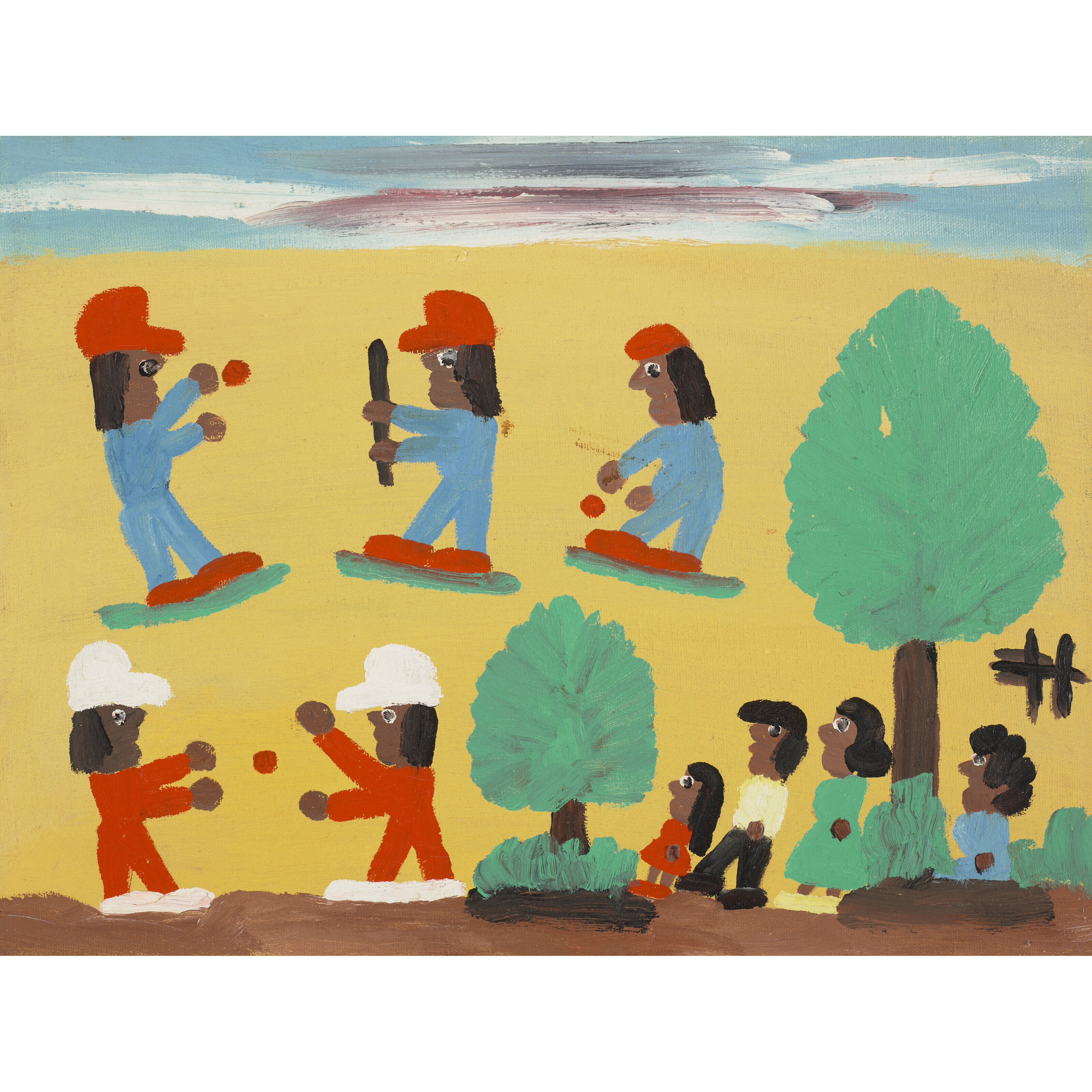 Clementine Hunter (1887-1988), Playing Baseball, 1970s. 12 x 16  in. Estimate: $3,000-5,000. Offered in Outsider Art on 3 February 2022 at Christie’s in New York