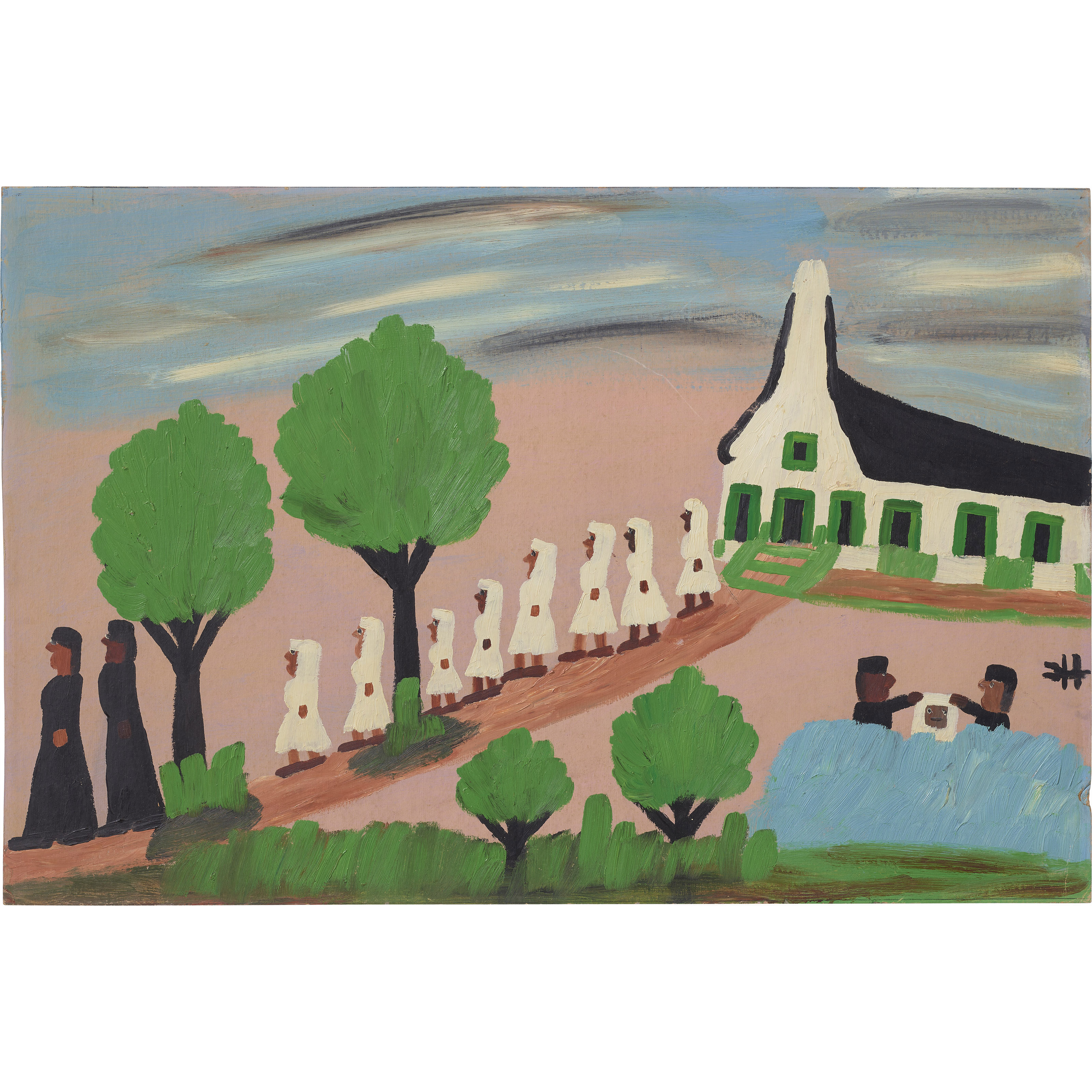 Clementine Hunter (1887-1988), Baptismal Scene, 1967. 17 x 25  in. Estimate: $3,000-5,000. Offered in Outsider Art on 3 February 2022 at Christie’s in New York