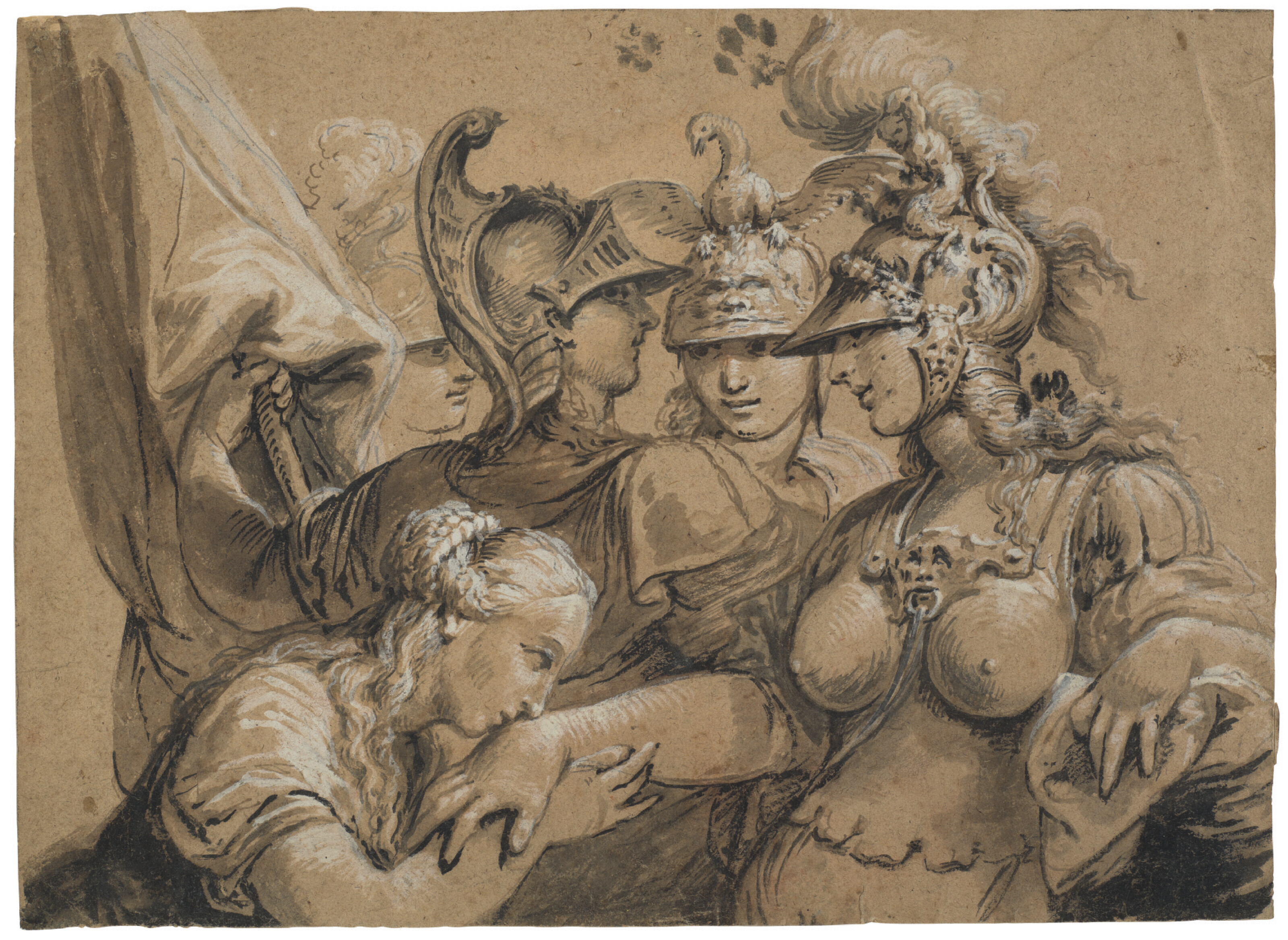 Catalog image of A young woman kissing Minerva’s hand with other figures (recto); Nude study of …