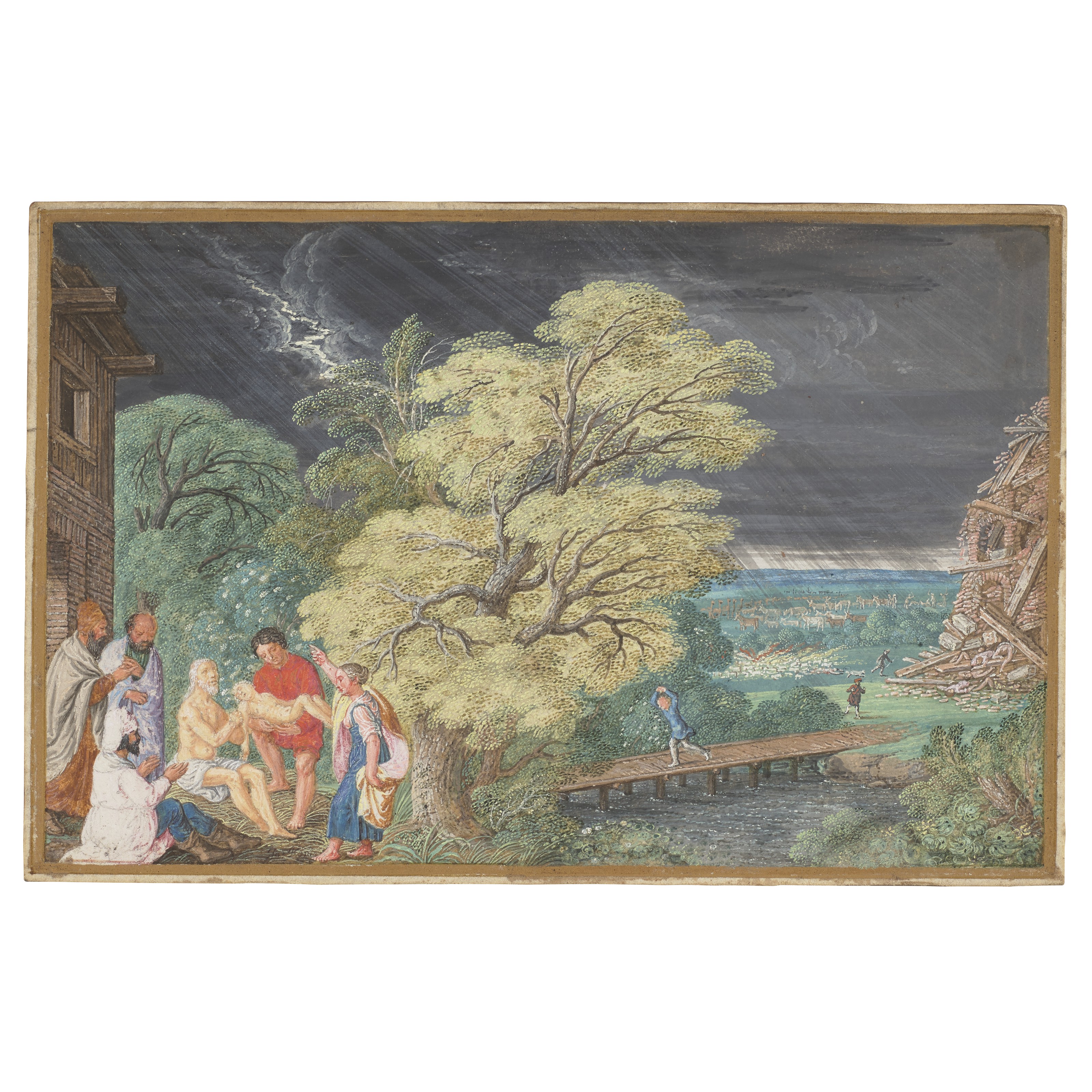 Catalog image of Job on the dung heap with his three friends and other figures in a stormy landscape