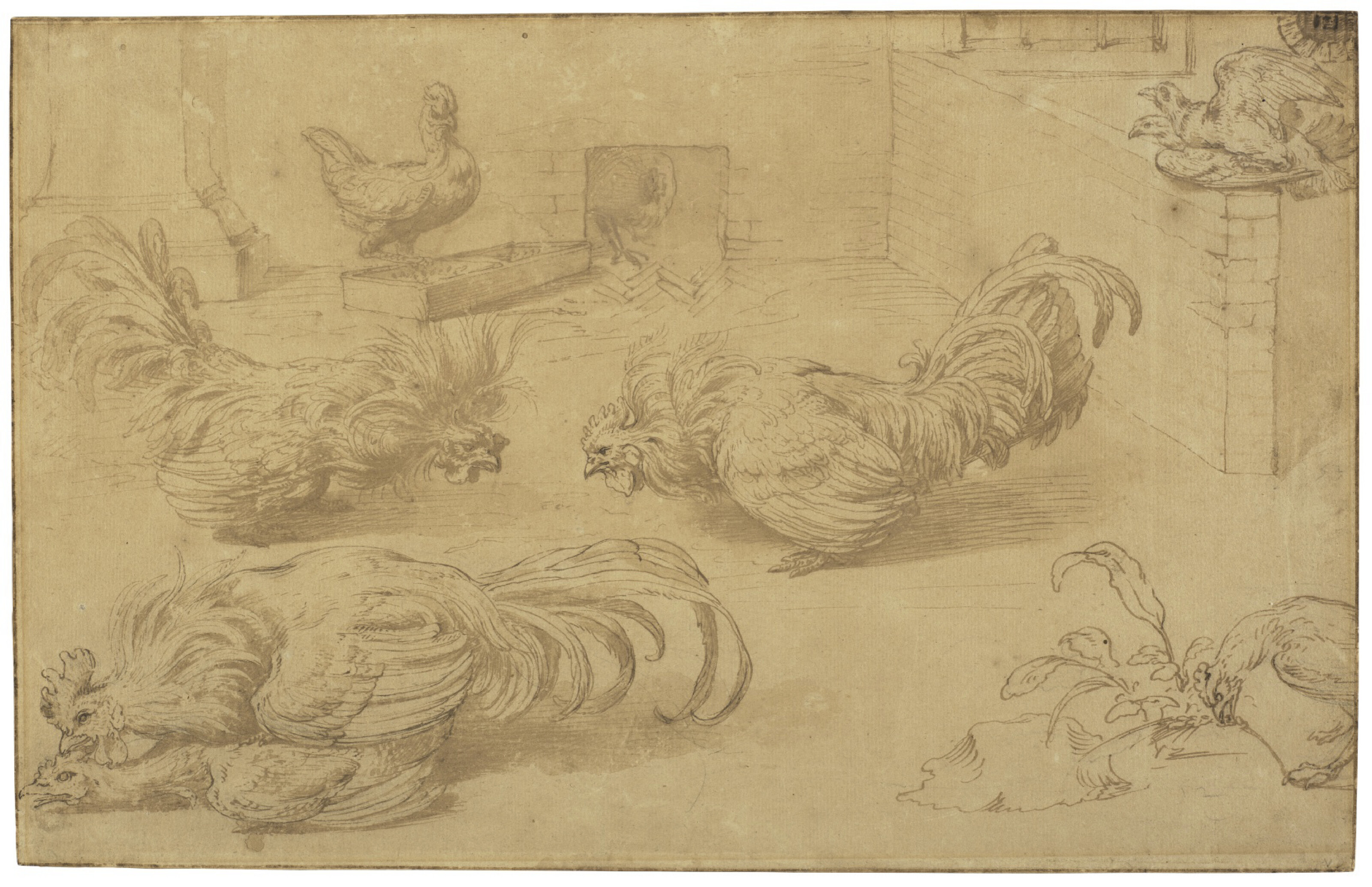 Catalog image of Two cocks fighting, a pair of chickens and doves mating with three other chicke…