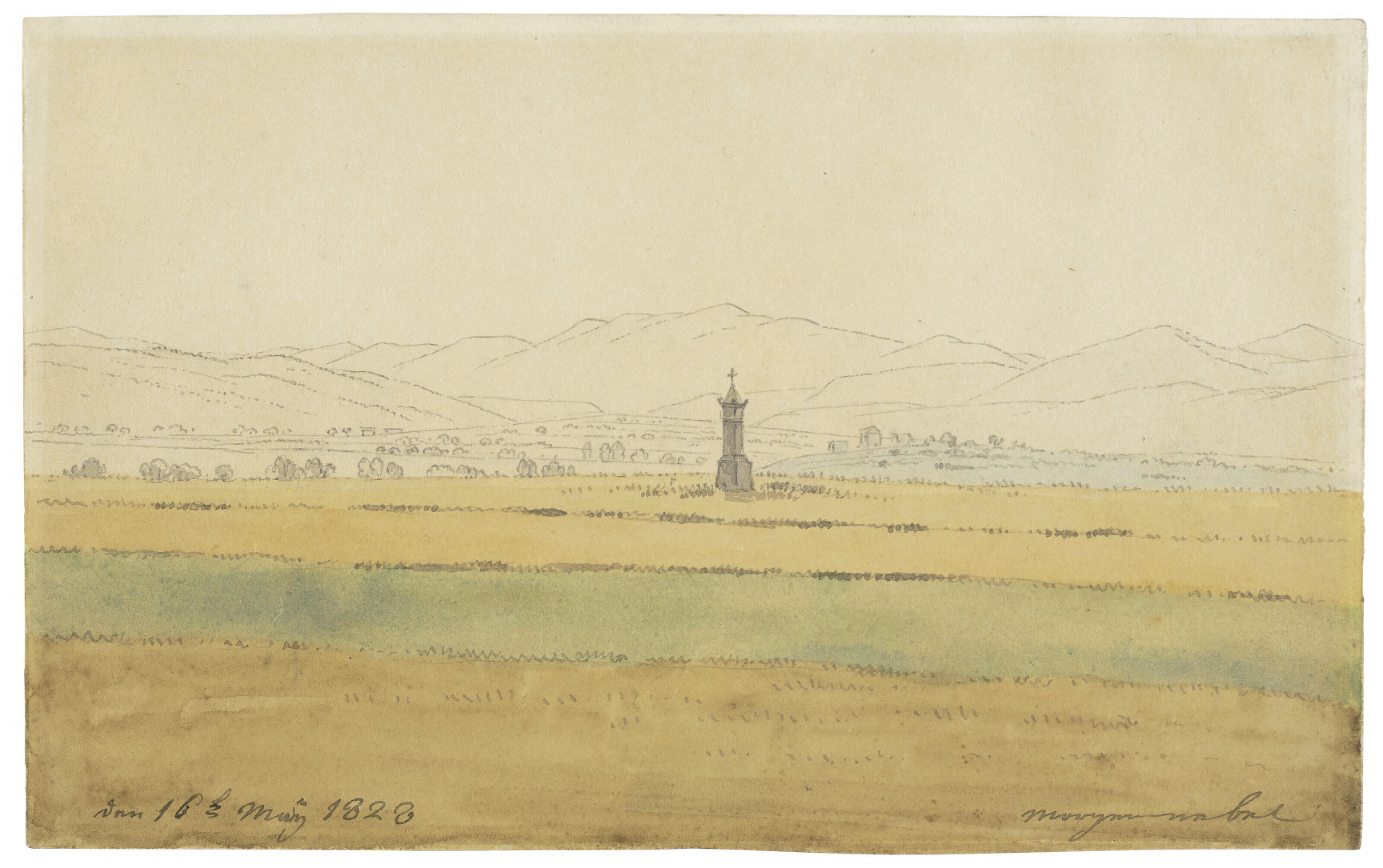 Catalog image of A Bohemian landscape with a cross in a field, and mountains beyond