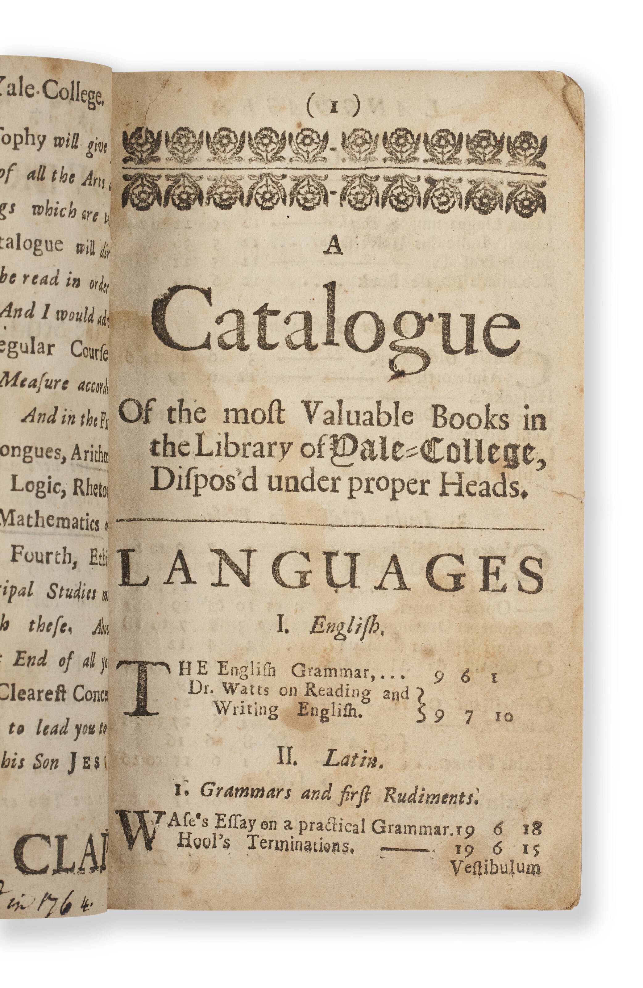 Catalogue of the Library of YaleCollege, Thomas Clap, 1743 Christie’s