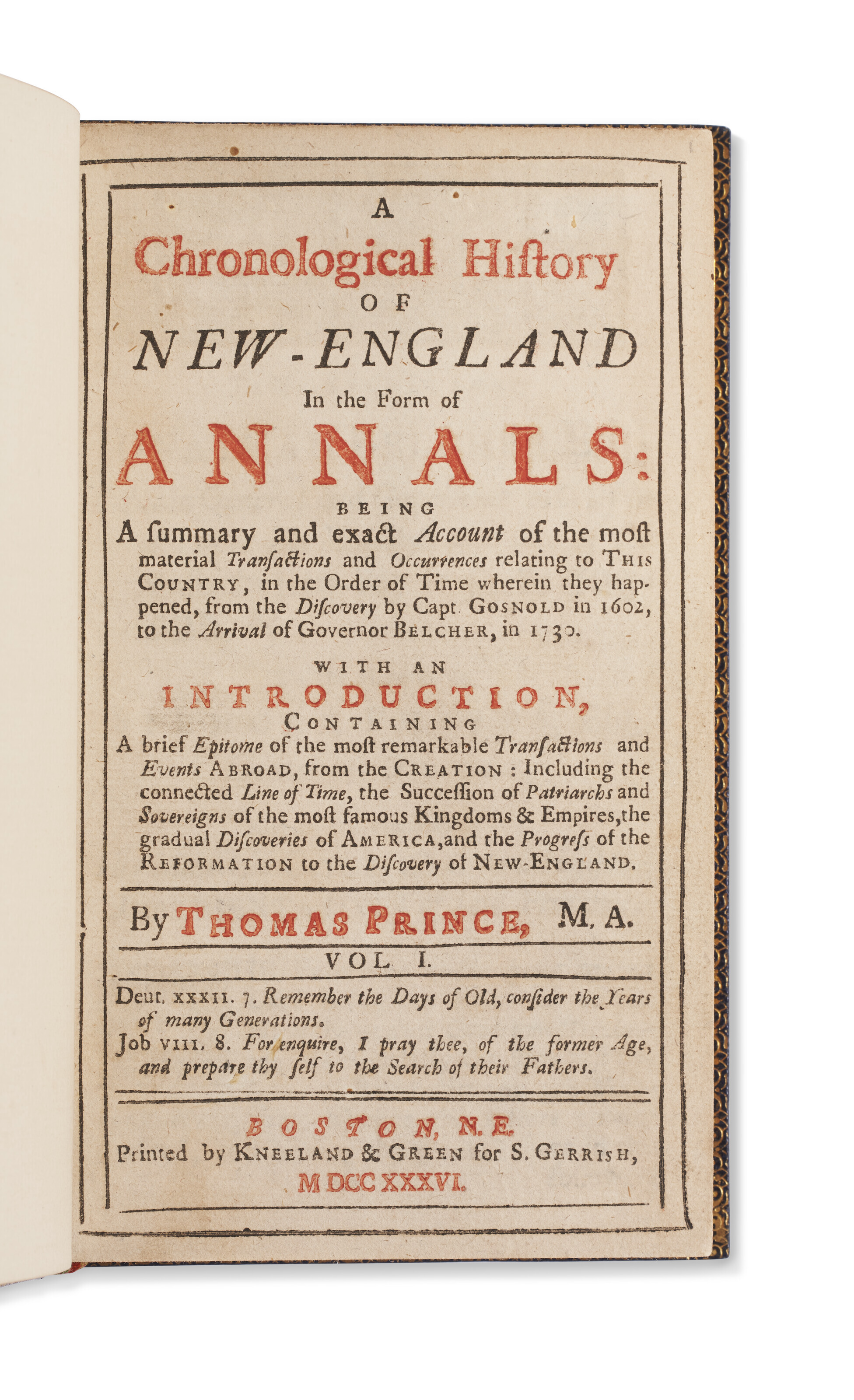 A Chronological History of New-England, Thomas Prince, 1736 | Christie’s