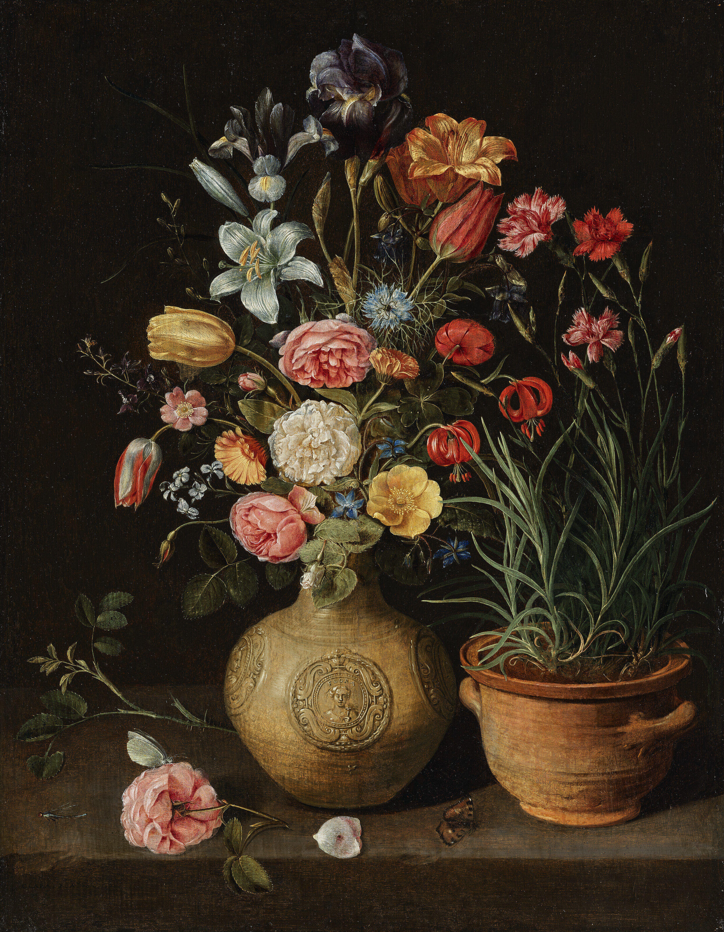 Clara Peeters (1589-1657), Roses, lilies, an iris and other flowers in an earthenware vase, with a pot of carnations and a butterfly on a ledge, 1612. Oil on panel. 25⅞ x 19&frac34; in (65.7 x 50.2 cm). Sold for $1,500,000 on 10 June 2022 at Christie&rsquo;s in New York