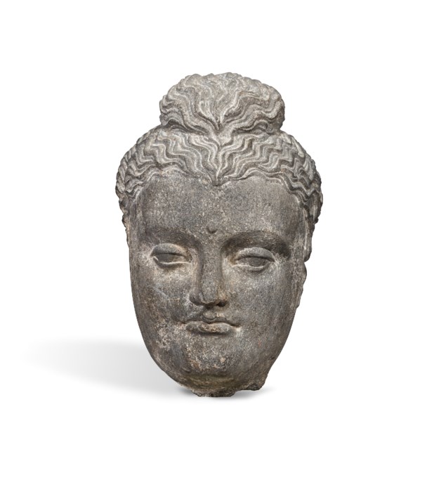 A GRAY SCHIST HEAD OF BUDDHA SHAKYAMUNI, ANCIENT REGION OF GANDHARA ...