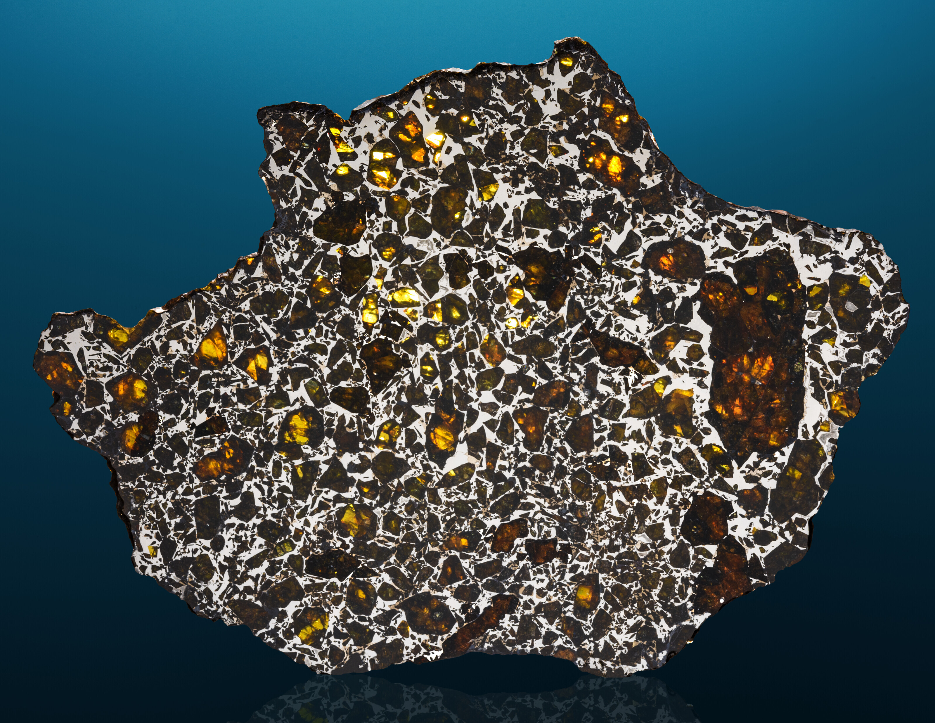 Extraterrestrial peridot in a complete slice of Admire meteorite, extraterrestrial olivine and peridot are seen suspended in a highly-polished iron-nickel matrix originating from an asteroid's core, sold for $20,160 on 23 February 2022 at Christie's Online