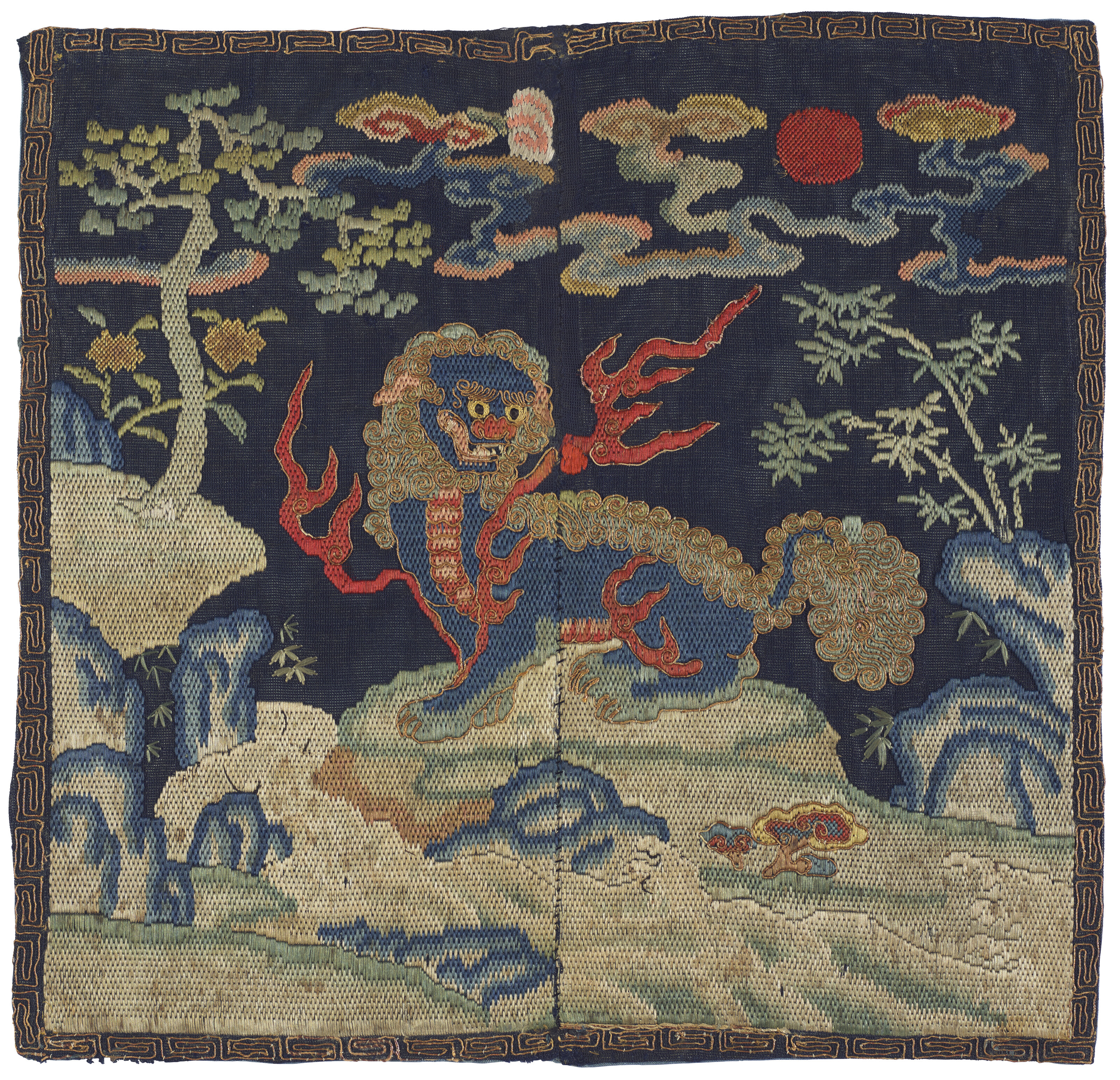 A gauze blue-ground rank badge of a lion, buzi, Qianlong period (1736-1795). 10¾ x 10⅜  in (27.4 x 26.2  cm). Estimate: $5,000-7,000. Offered in Important Chinese Ceramics and Works of Art on 24 March 2022 at Christie’s in New York