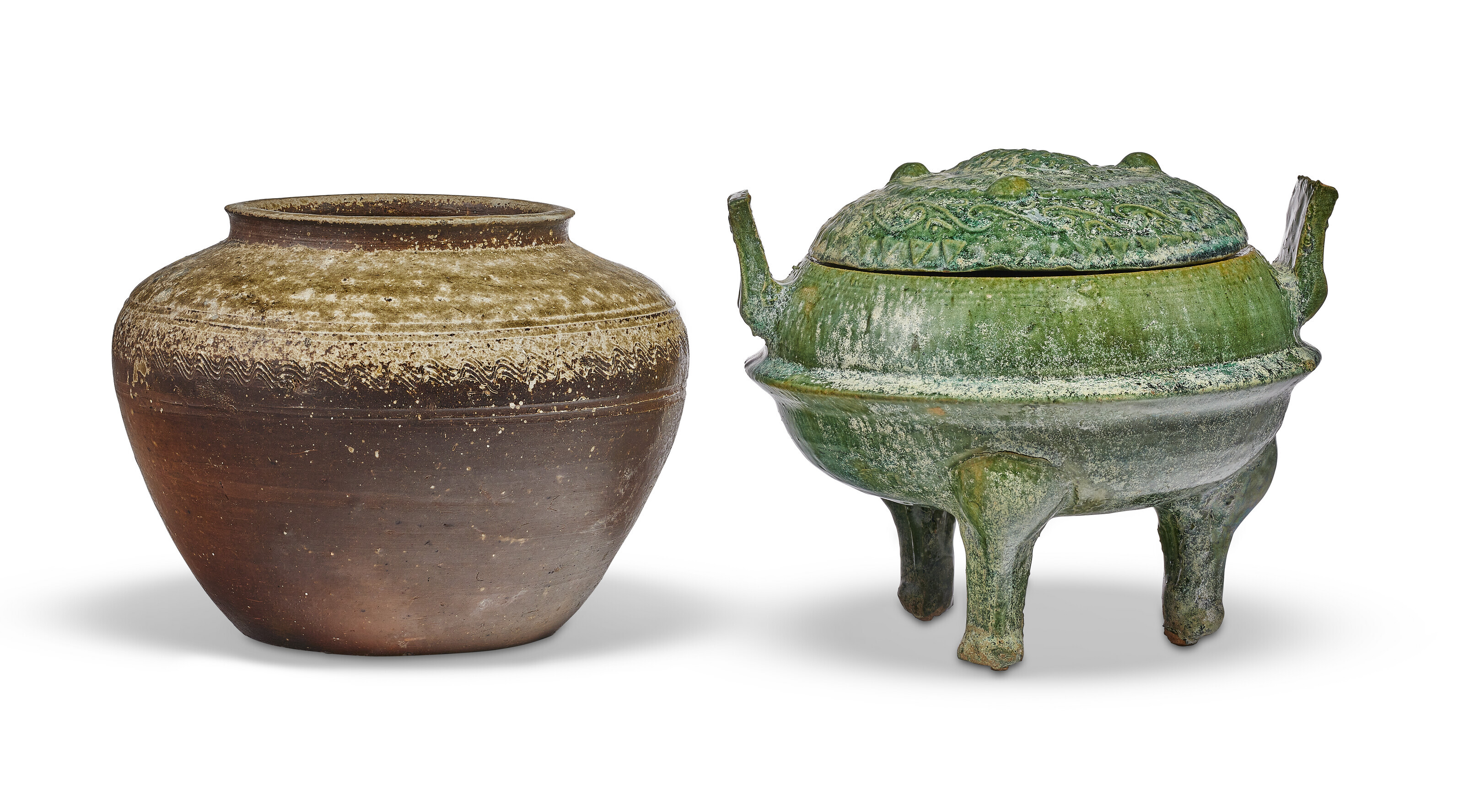 中国汉绿釉三足盖炉及罐, CHINA, HAN DYNASTY (206 BC-AD 220