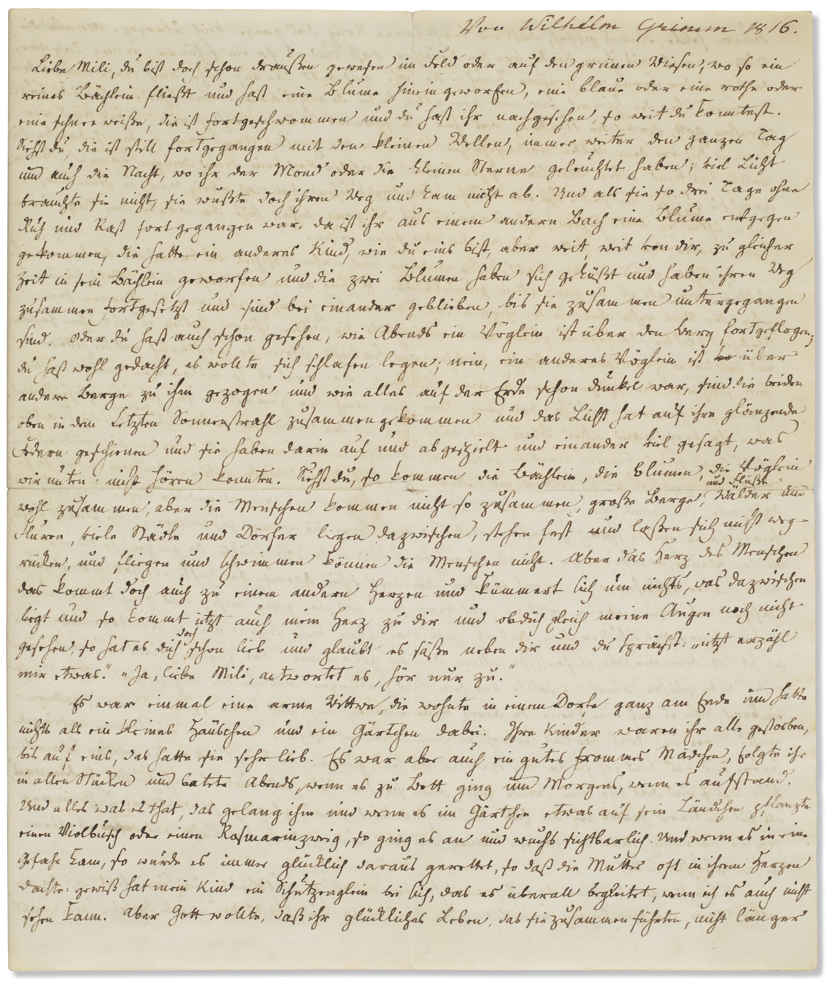 Wilhelm Grimm (1786-1859), "Liebe Mili" (&lsquo;Dear Mili&rsquo;). Estimate: $50,000-80,000. Offered in Fine Printed Books and Manuscripts including Americana on 11&ndash;25 April 2022 at Christie's Online