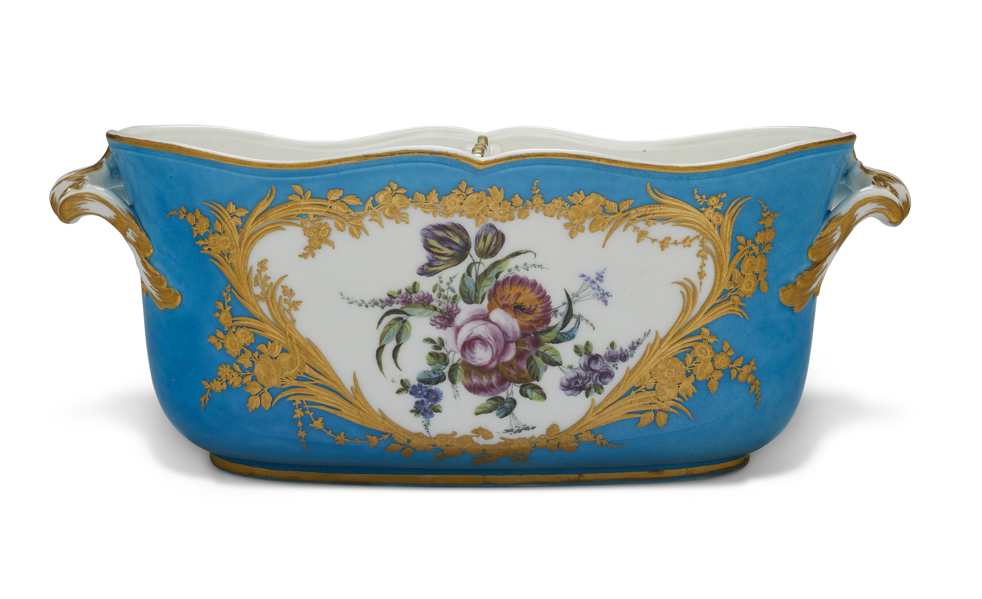A VINCENNES PORCELAIN 'BLEU CELESTE' BOTTLE COOLER AND PIERCED