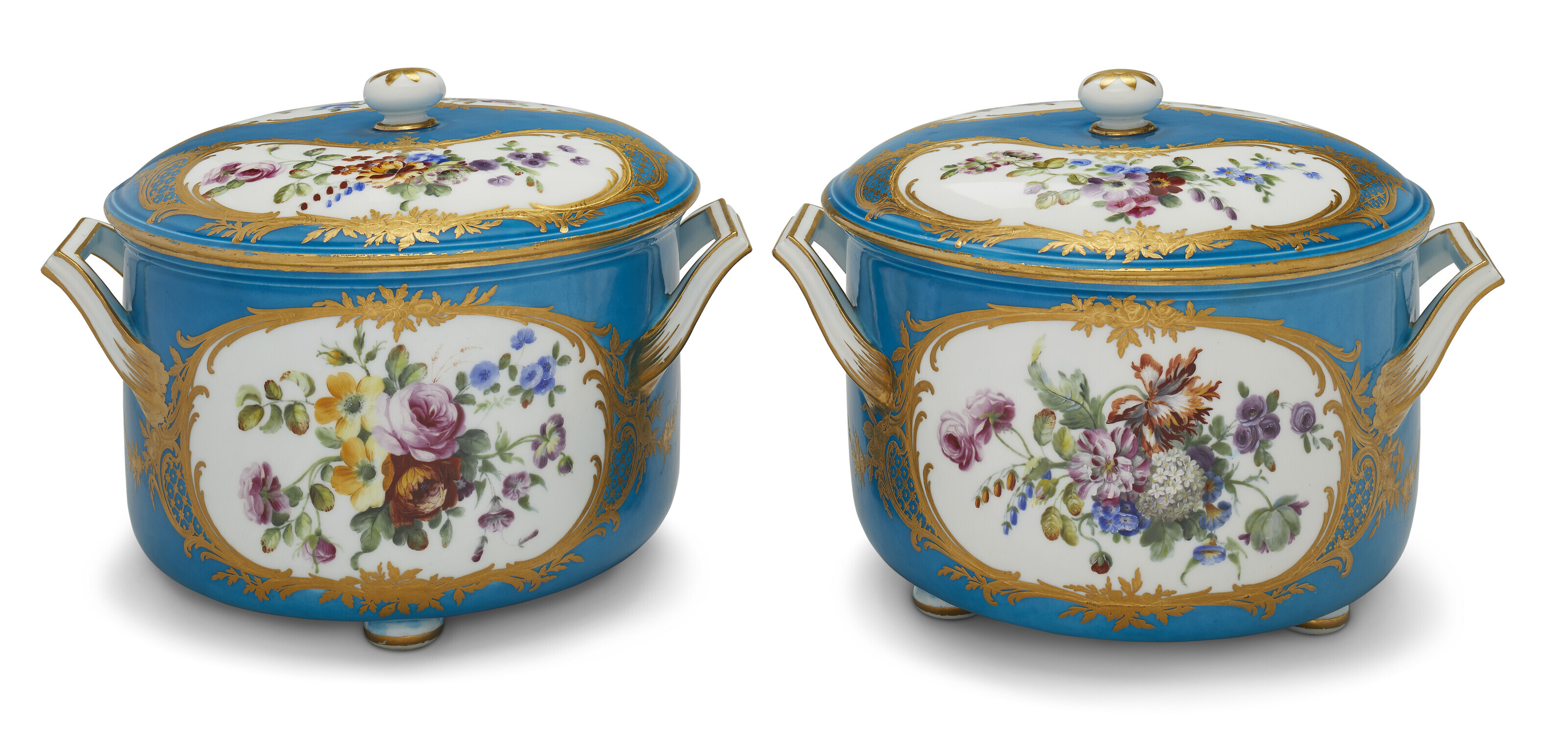 A PAIR OF SEVRES PORCELAIN 'BLEU CELESTE' TWO-HANDLED SERVING
