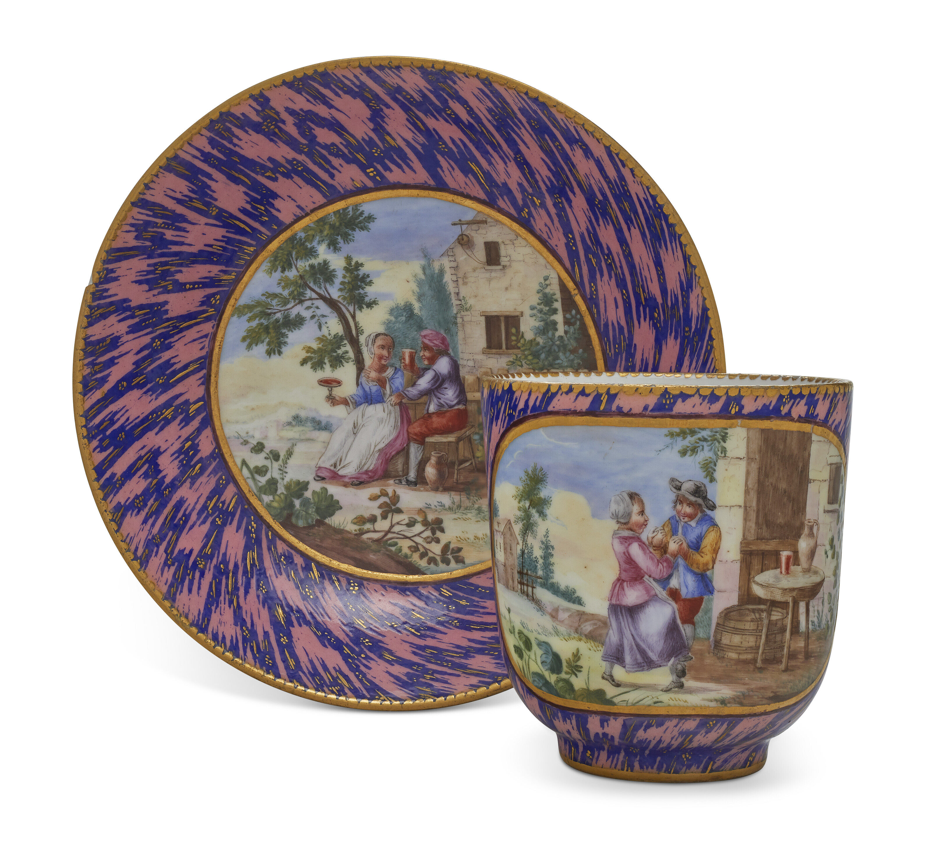 見事な A SEVRES PORCELAIN 'ROSE MARBRE' CUP AND SAUCER (GOBELET 絵画