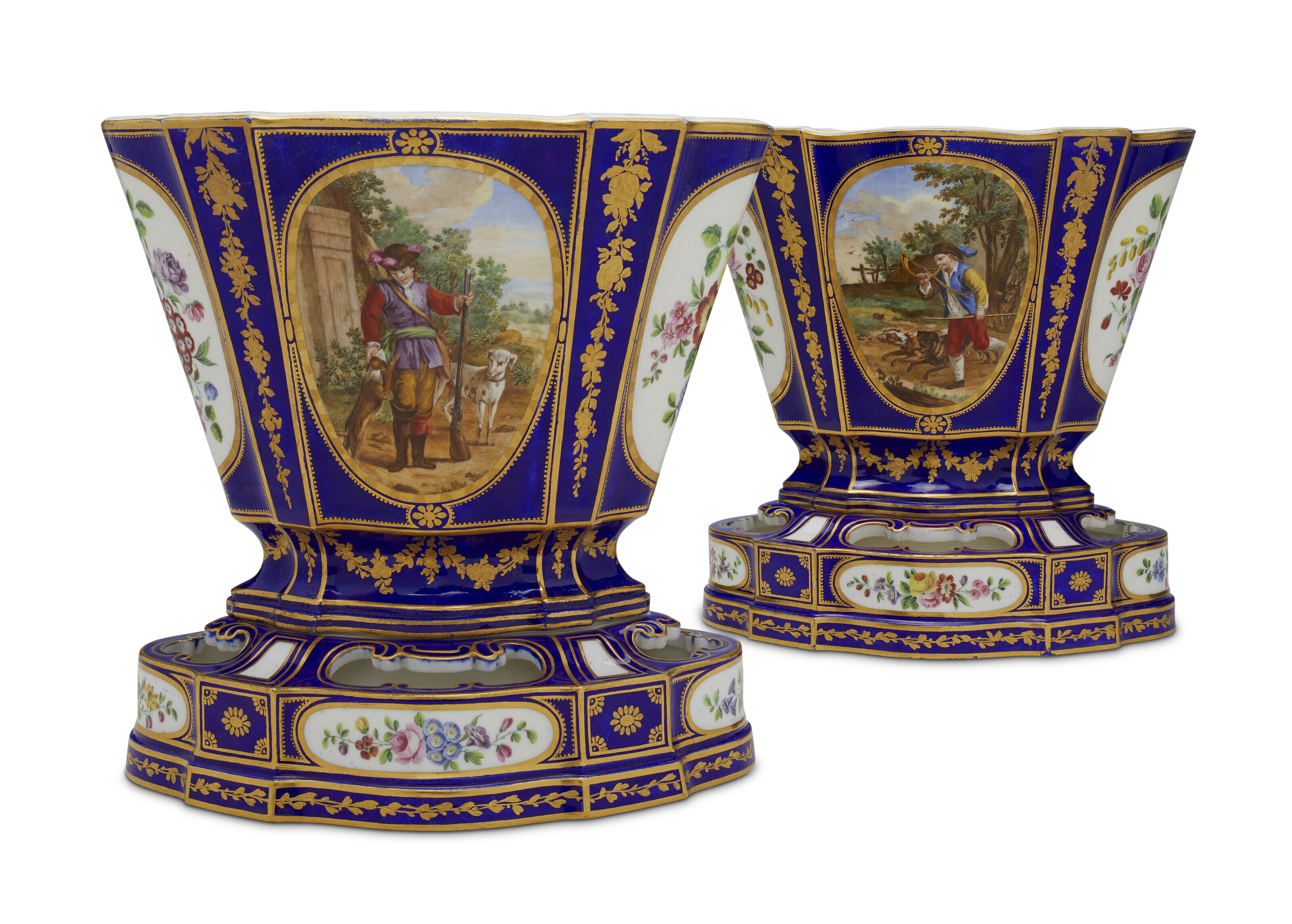 A PAIR OF SEVRES PORCELAIN 'BLEU NOUVEAU' VASES AND STANDS (VASES