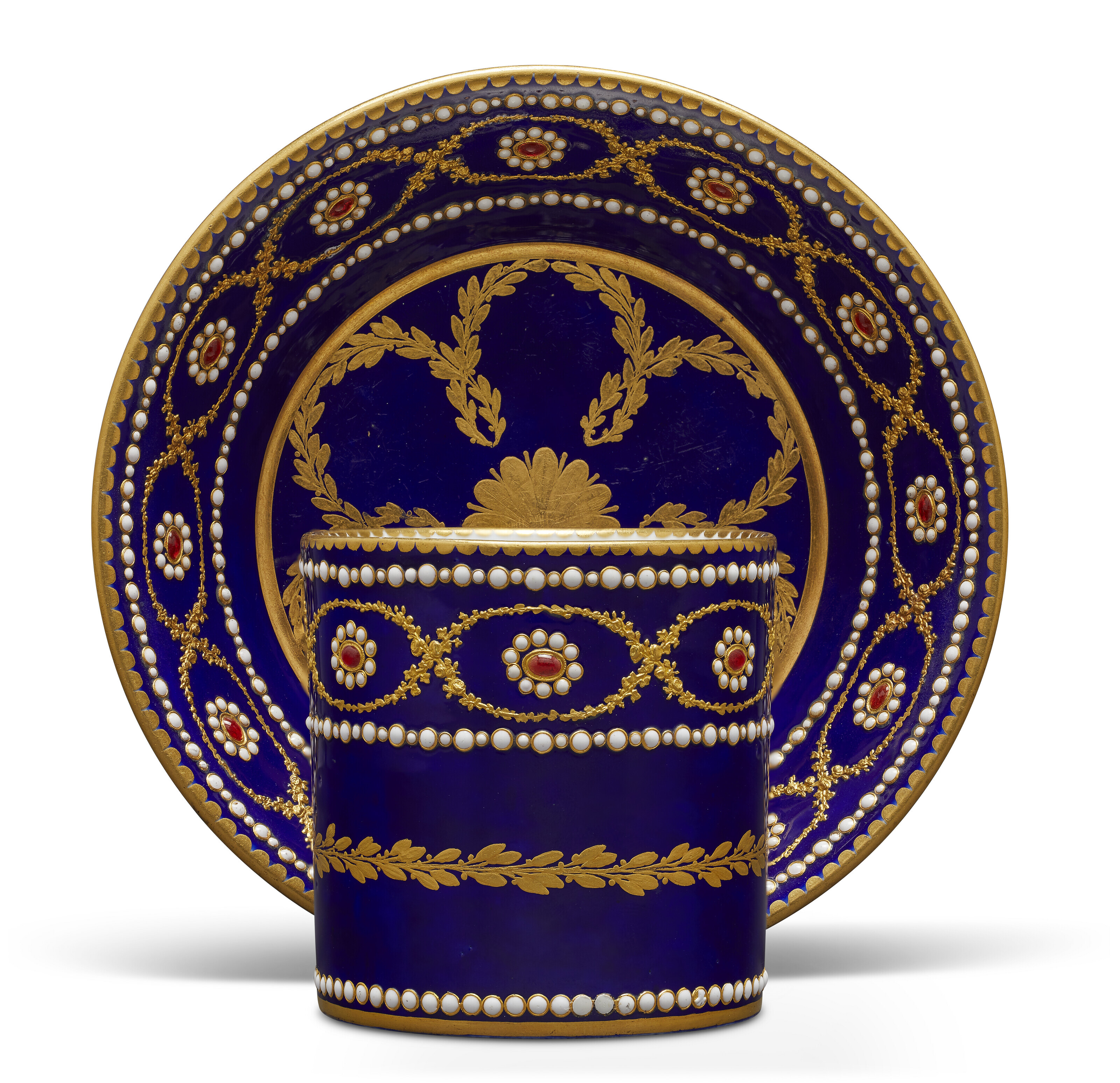 A SEVRES PORCLEAIN 'BLEU NOUVEAU' 'JEWELED' CUP AND SAUCER (GOBELET  'LITRON' ET SOUCOUPE, 2EME GRANDEUR), CIRCA 1784, GILT INTERLACED L'S MARK,  PAINTER'S MARK FOR E.-H. LE GUAY L'AINE | Christie's