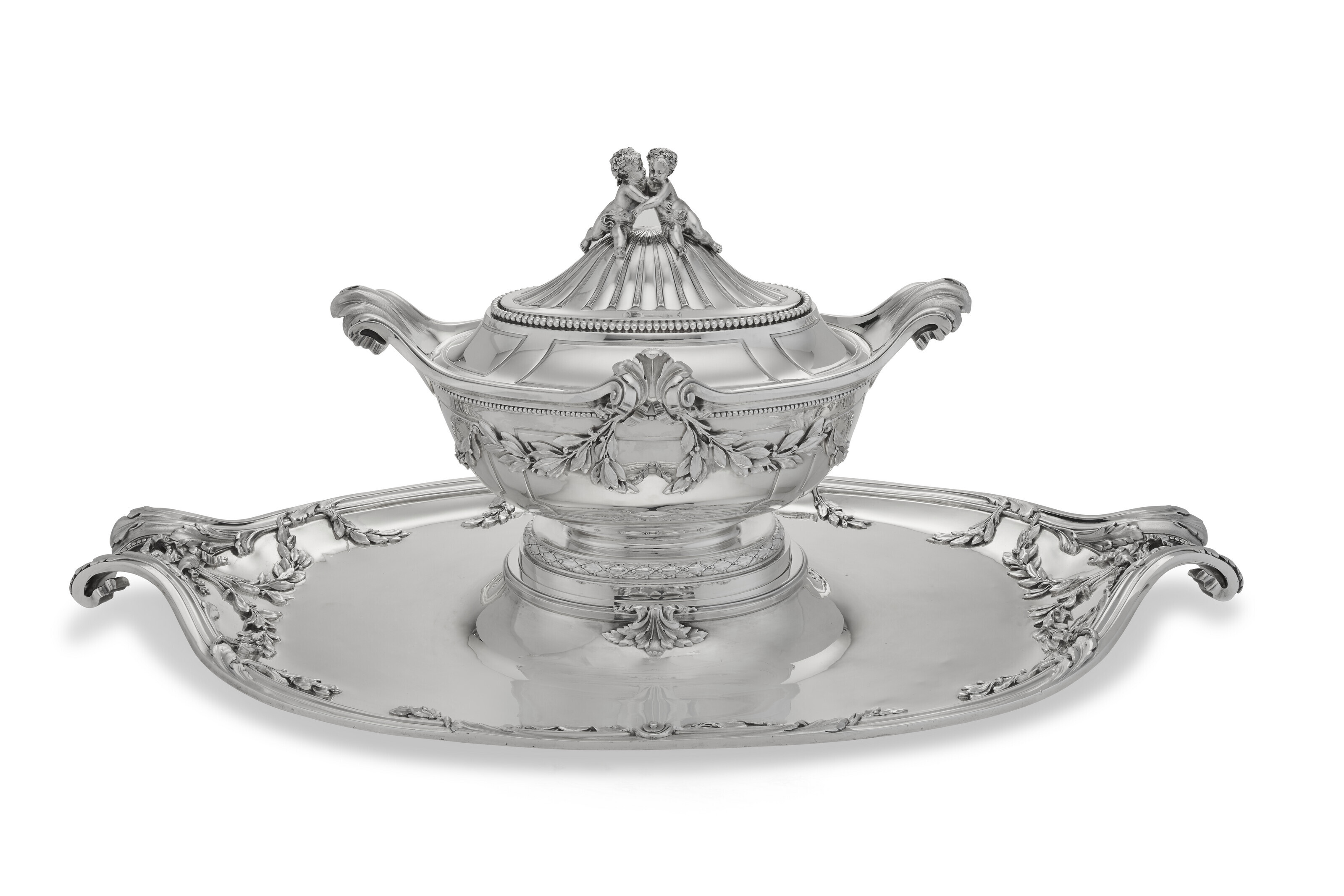A FRENCH SILVER TWOHANDLED SOUP TUREEN AND STAND, MARK OF TETARD