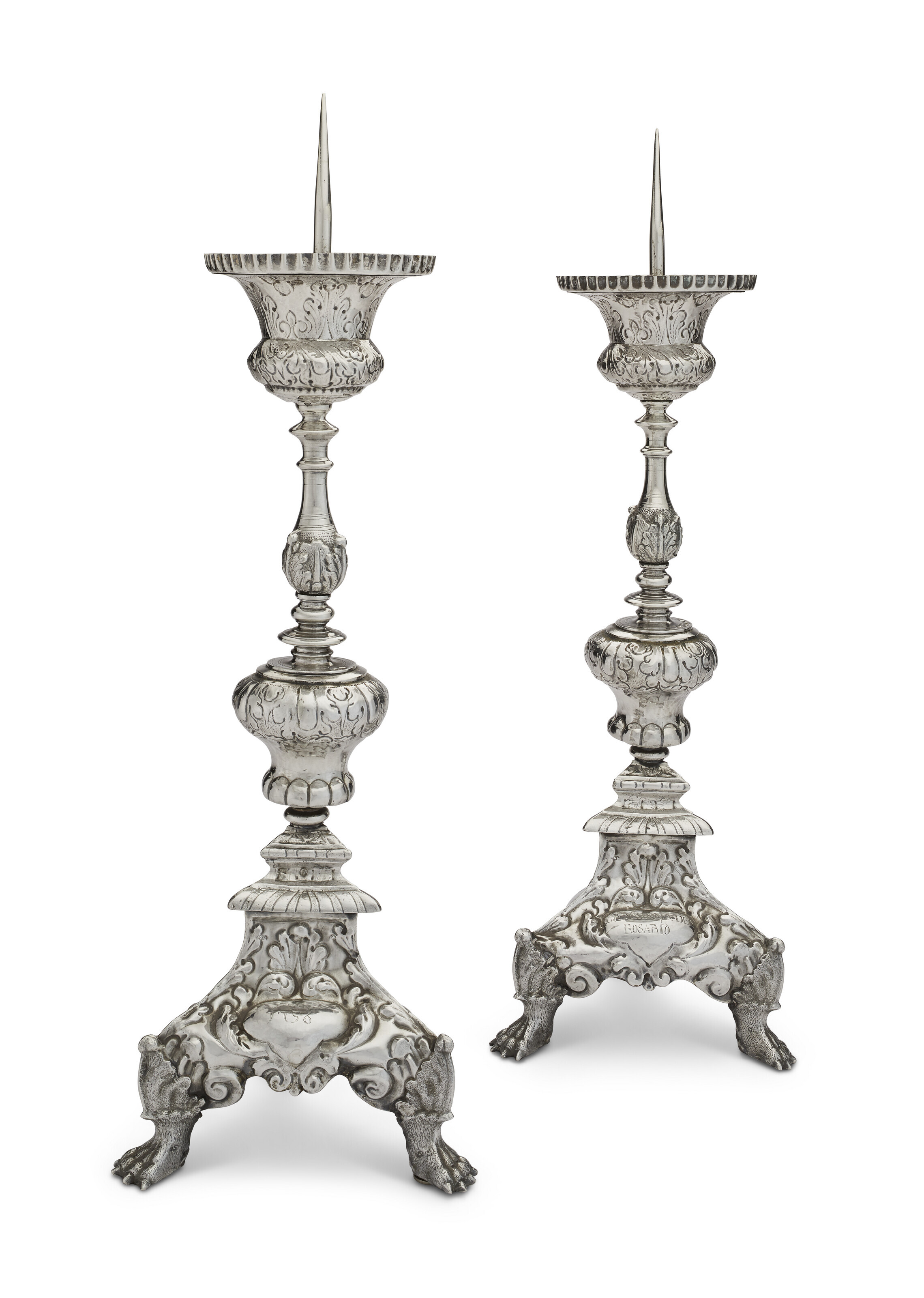 A PAIR OF ITALIAN SILVER ALTAR CANDLESTICKS, MARKED VENICE