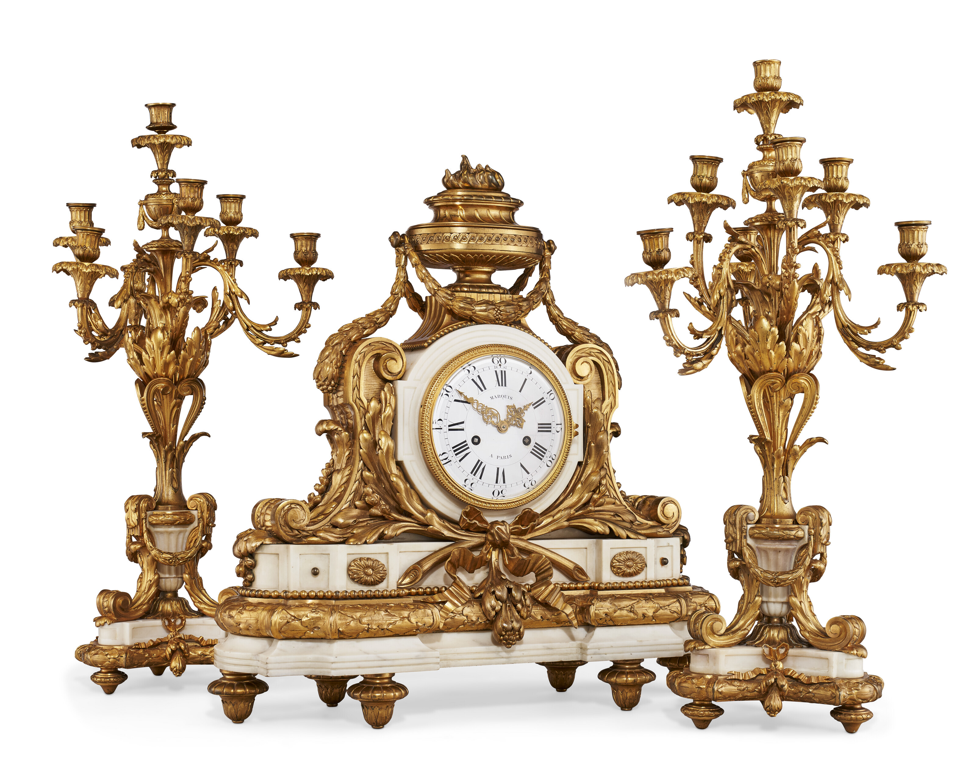 A LARGE NAPOLEON III ORMOLU AND WHITE MARBLE DOUBLE-SIDED THREE