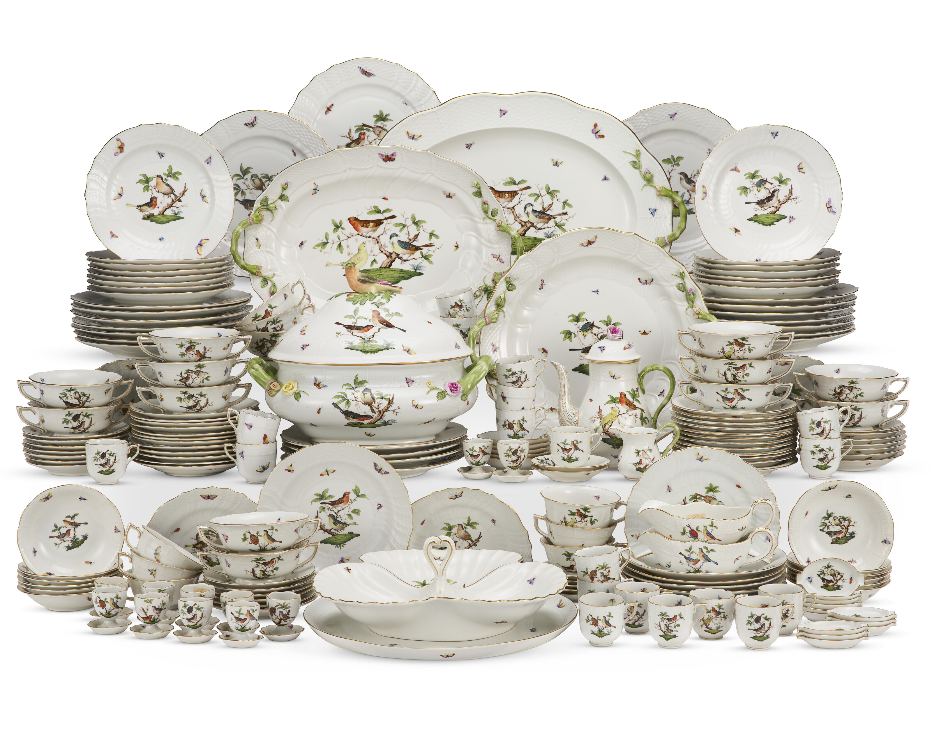 A HEREND PORCELAIN 'ROTHSCHILD BIRDS' PART DINNER SERVICE, 20TH CENTURY