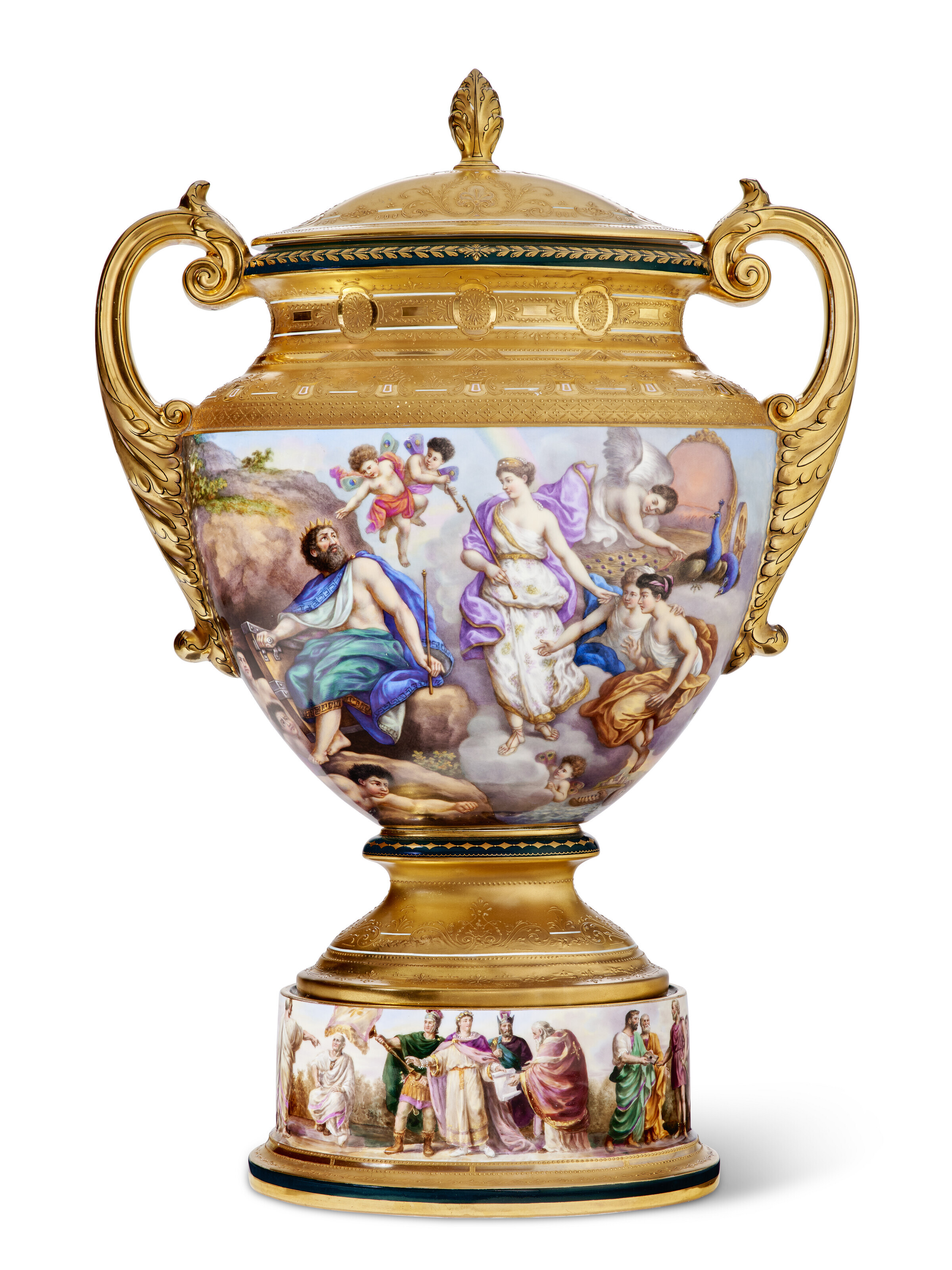 A LARGE VIENNA STYLE PORCELAIN GOLD AND HUNTER-GREEN GROUND VASE