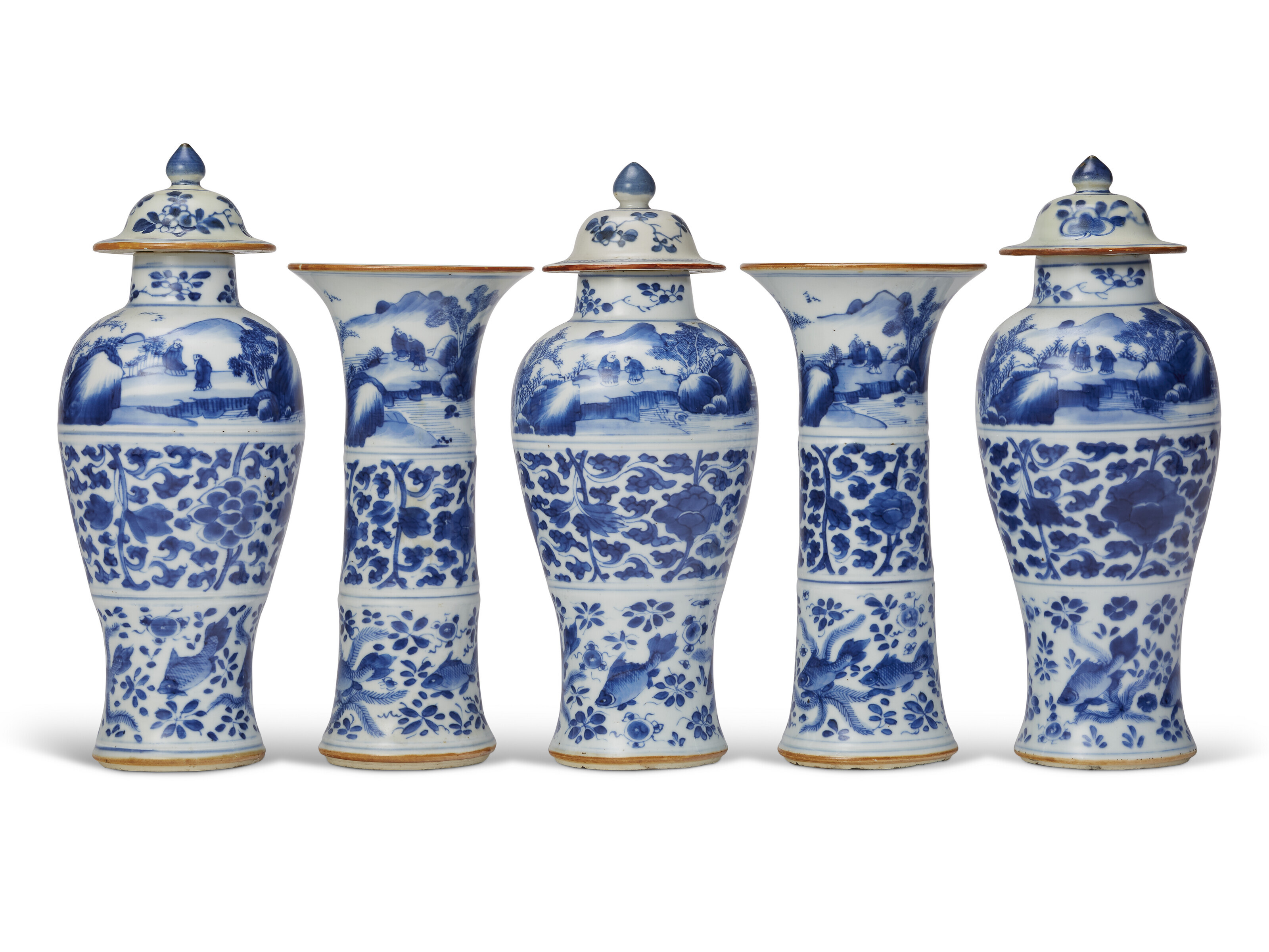 A CHINESE EXPORT PORCELAIN BLUE AND WHITE FIVEPIECE GARNITURE, KANGXI