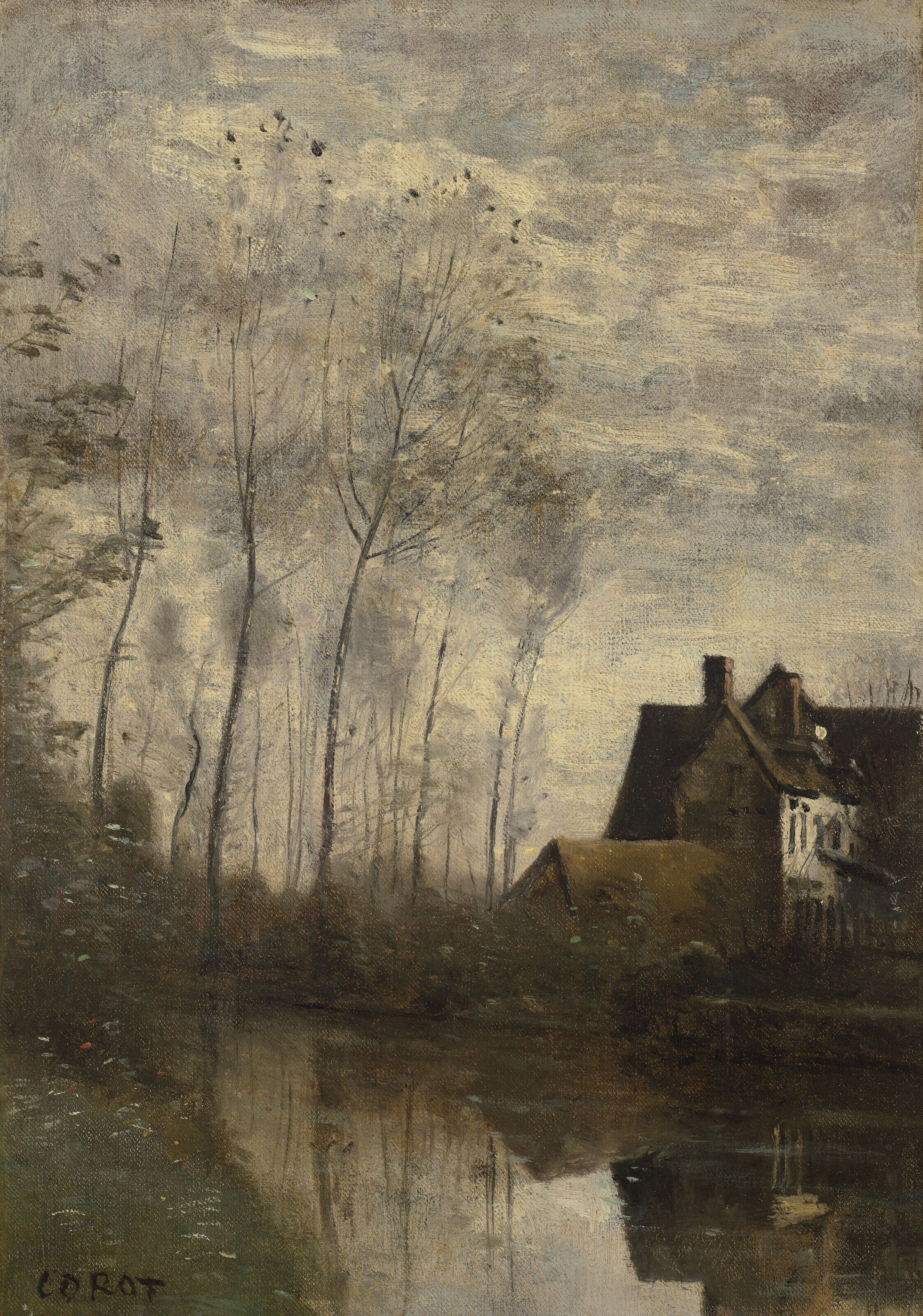 Un coin de rivière avec maison et peupliers