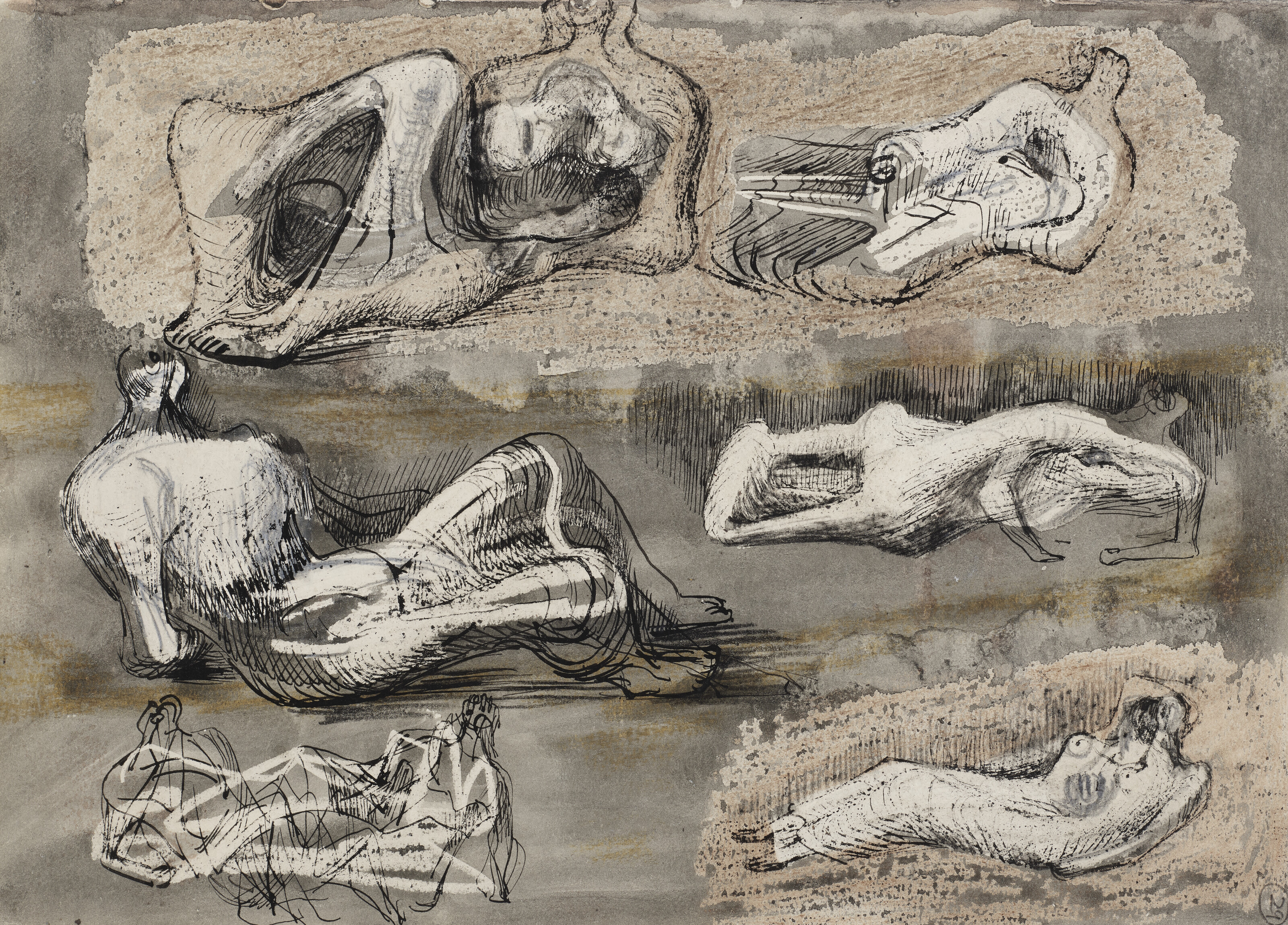Reclining Figures: Ideas for Sculptures (recto); Reclining Figures and Seated Figure (verso)