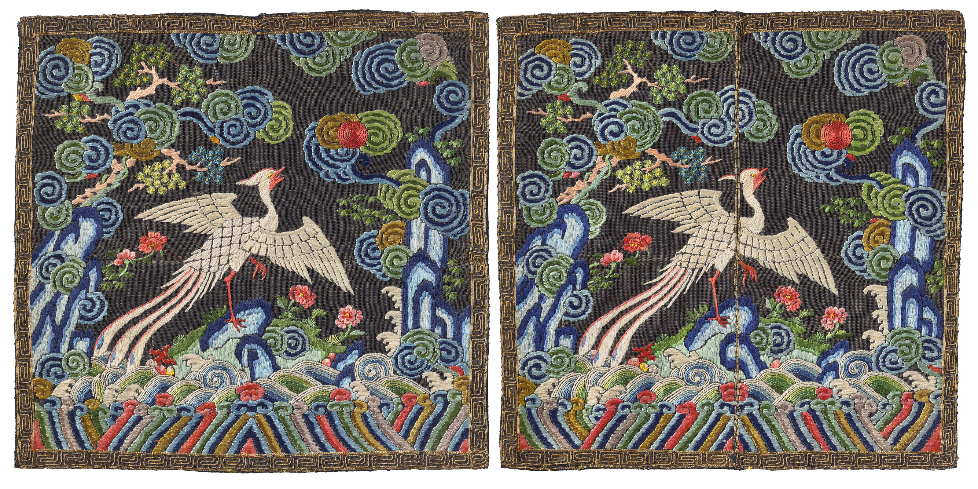 A RARE PAIR OF EMBROIDERED GOLD-GROUND RANK BADGES OF QILIN