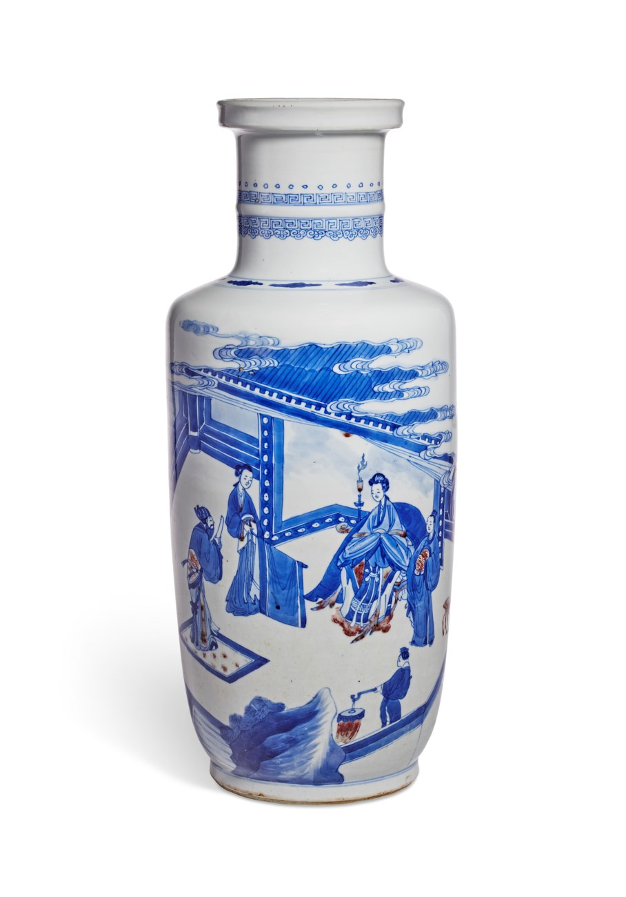 A BLUE AND WHITE AND COPPERREDDECORATED ROULEAU VASE, KANGXI PERIOD