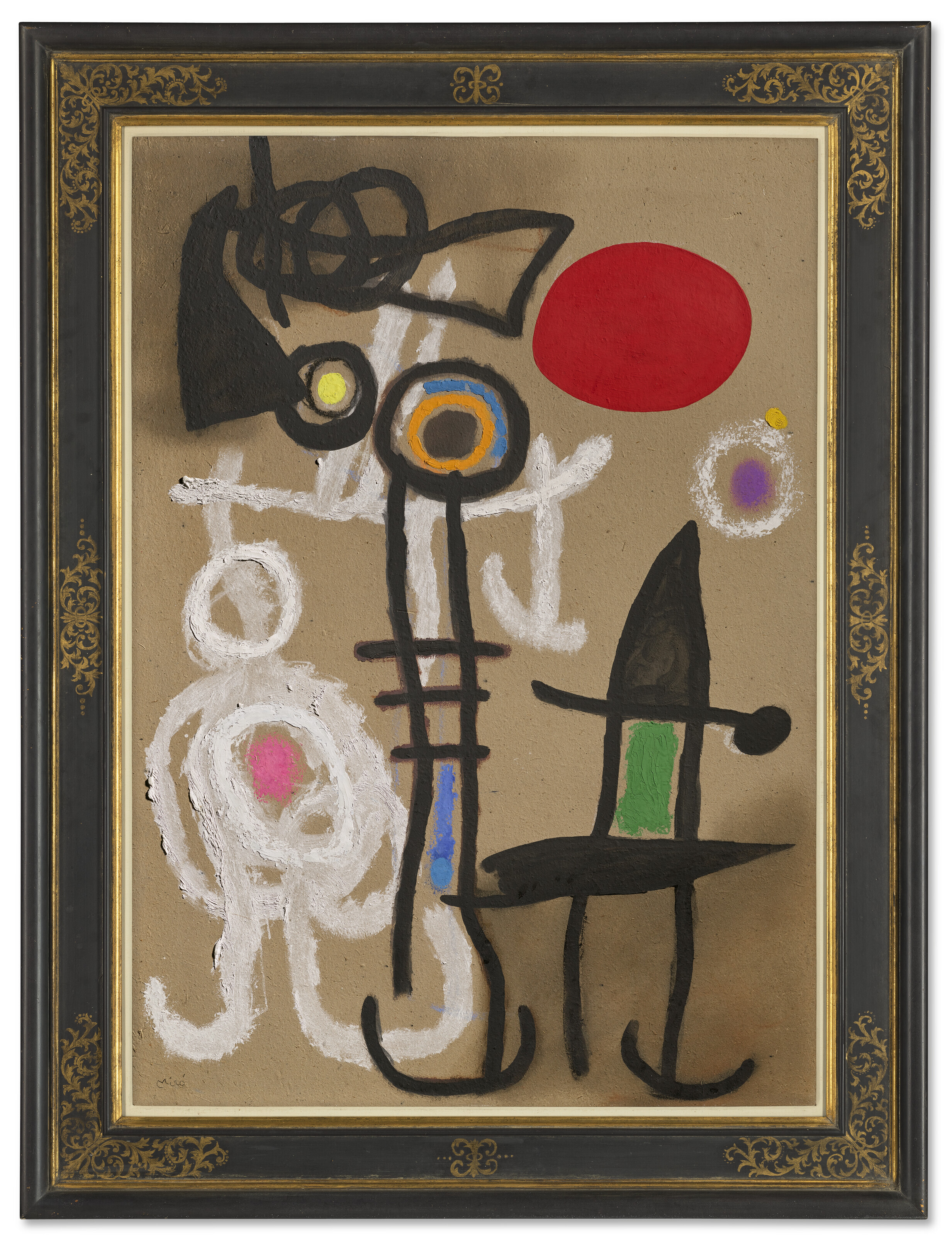 JOAN MIRO (1893-1983), Personnages et oiseaux devant le soleil