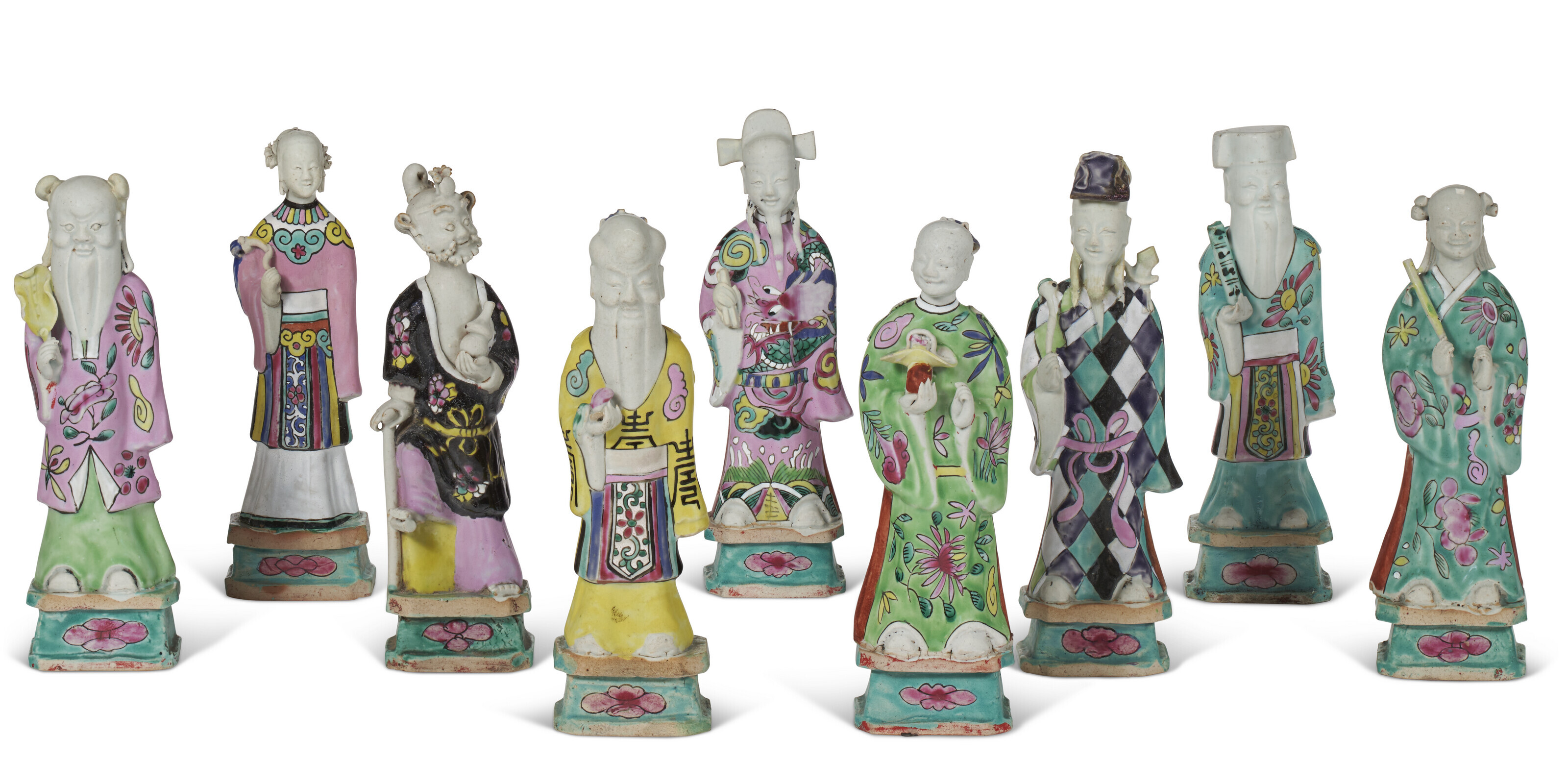 A Group of Nine Chinese Export Porcelain Famille Rose Figures of Immortals, Qing Dynasty (1644-1911), late 18th/19th century.&nbsp;9 in (22.8 cm) high. Sold for $441,000 in&nbsp;The Ann &amp; Gordon Getty Collection: Chinese and Japanese Works of Art and Textiles on 24 October at Christie&rsquo;s Online

